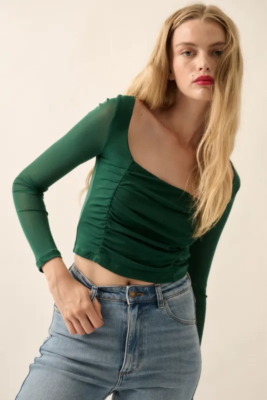 Hunter Green Solid Sheer Square Neck Ruch Bodice Crop Top sold by Pinkblush