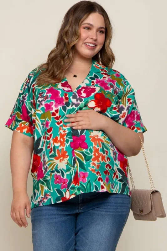 Emerald Green Floral V-Neck Maternity Plus Blouse sold by Pinkblush