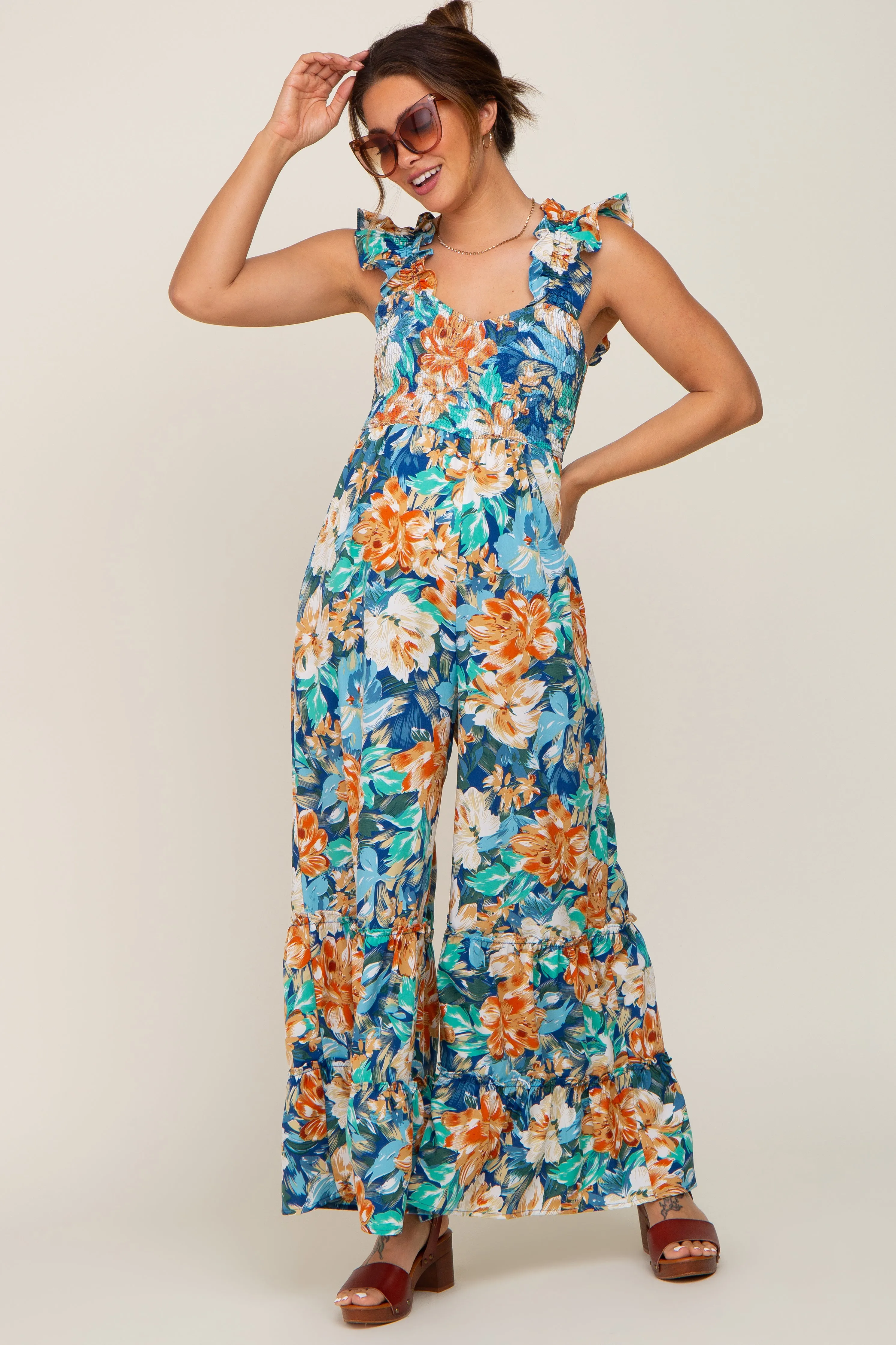 Navy Floral Smocked Ruffle Accent Maternity Jumpsuit sold by Pinkblush product image thumbnail 4