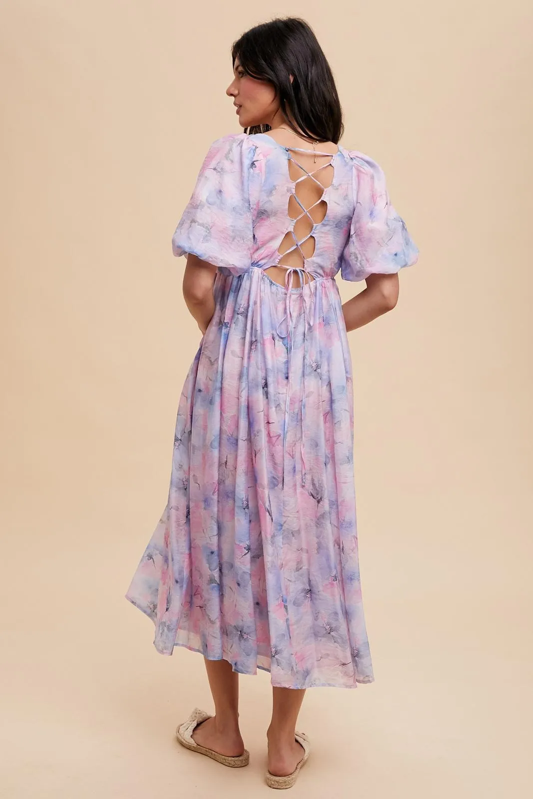 Lavender Floral Square Neck Short Puff Sleeve Lace-Up Back Midi Dress sold by Pinkblush product image thumbnail 3