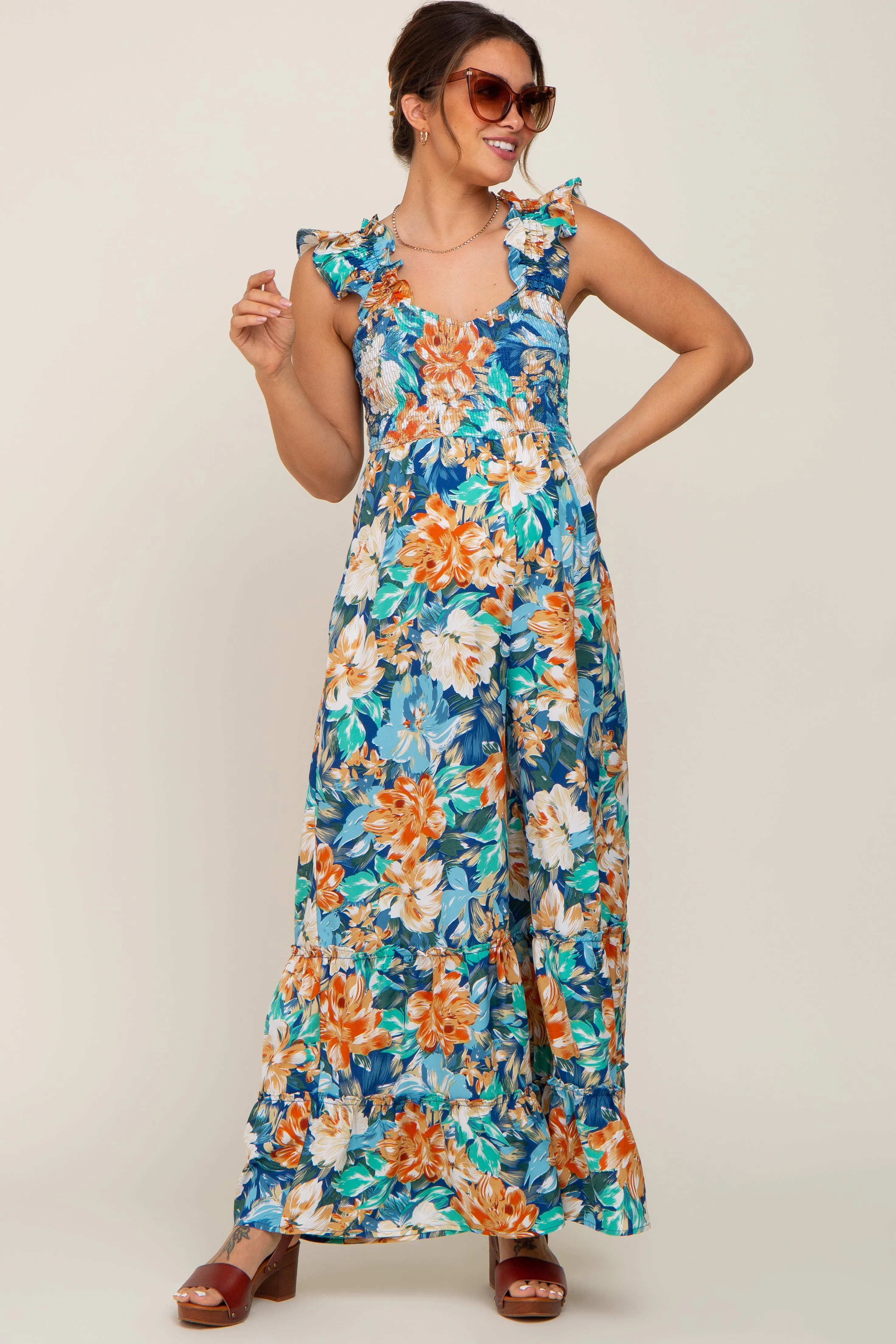 Navy Floral Smocked Ruffle Accent Maternity Jumpsuit sold by Pinkblush product image thumbnail 5