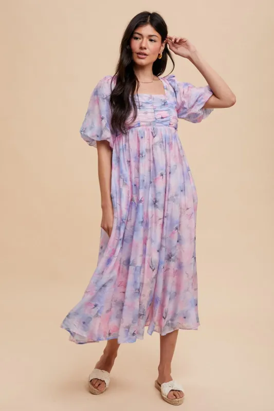 Lavender Floral Square Neck Short Puff Sleeve Lace-Up Back Midi Dress sold by Pinkblush