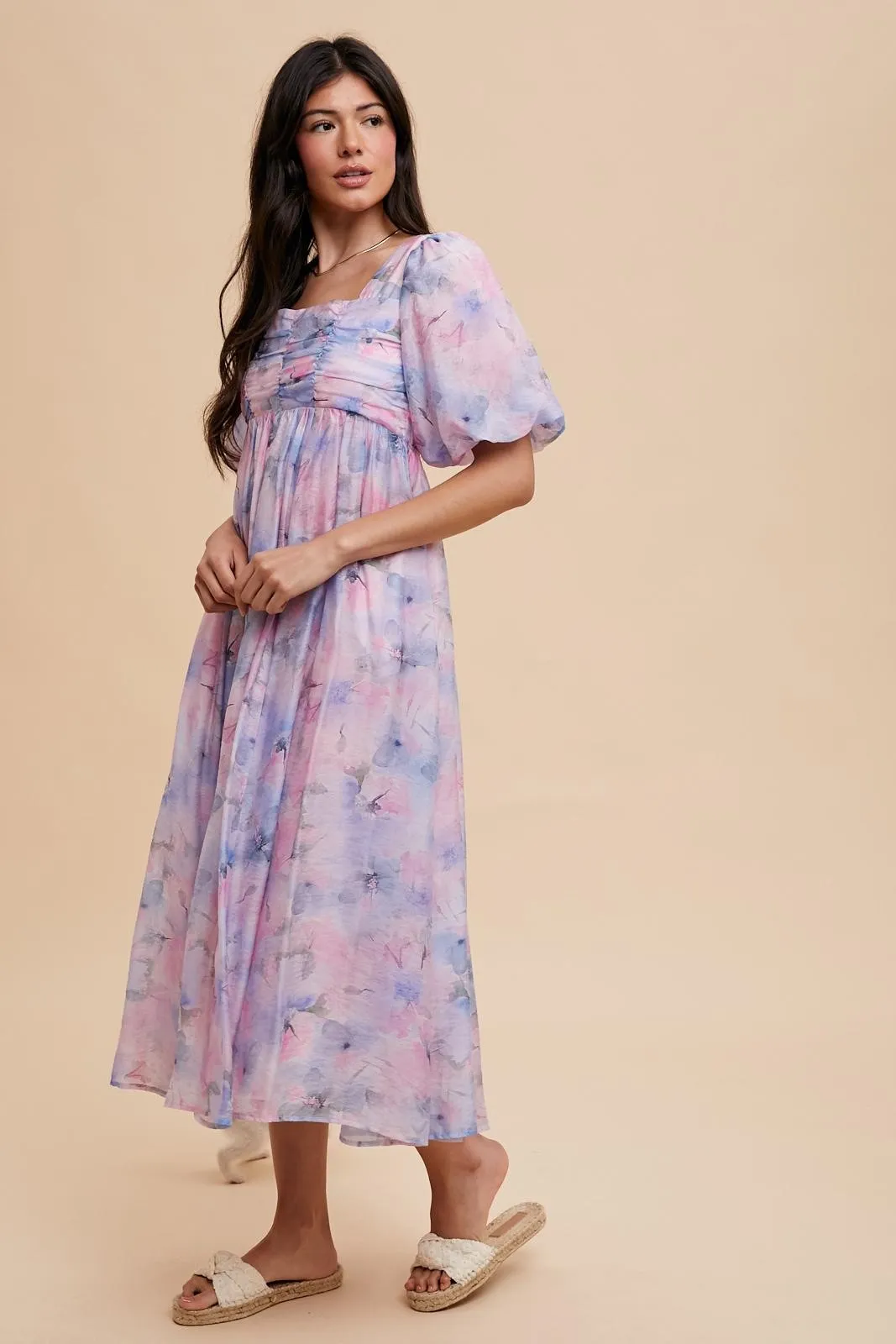 Lavender Floral Square Neck Short Puff Sleeve Lace-Up Back Midi Dress sold by Pinkblush product image thumbnail 2