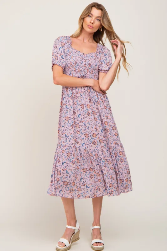 Mauve Floral Smocked Sweetheart Neck Midi Dress sold by Pinkblush