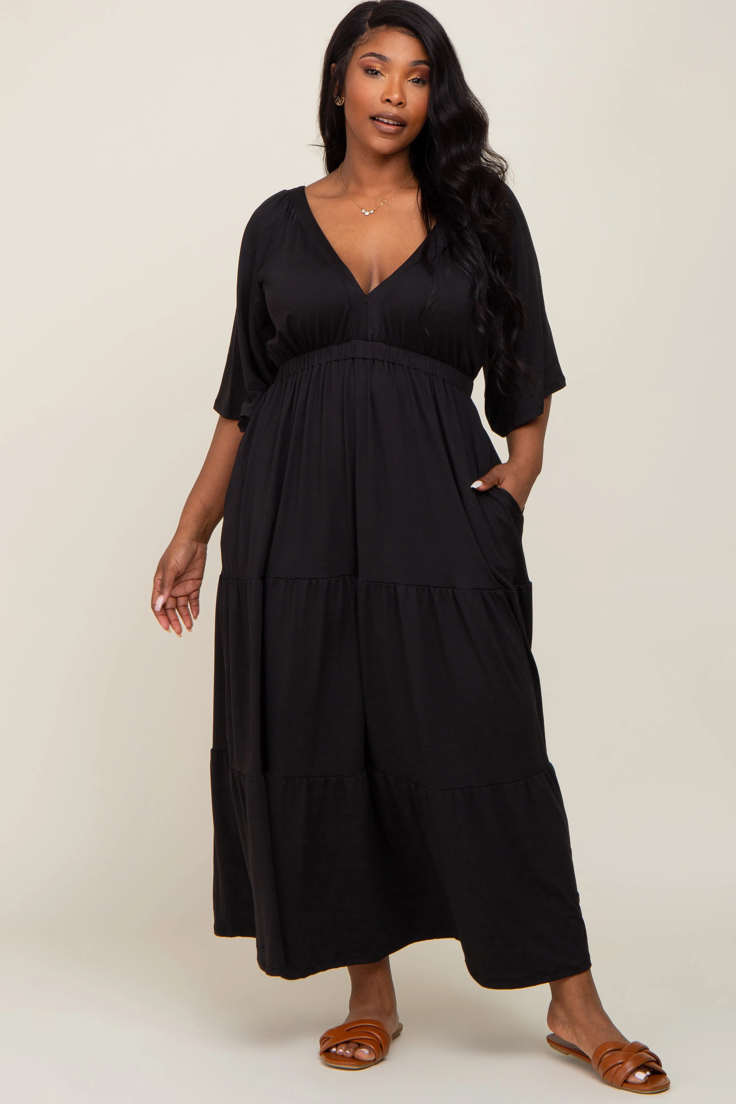 Black Deep V-Neck Tiered Plus Maxi Dress sold by Pinkblush product image thumbnail 4