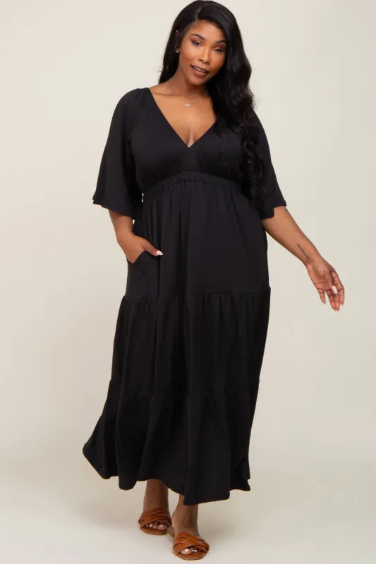 Black Deep V-Neck Tiered Plus Maxi Dress sold by Pinkblush