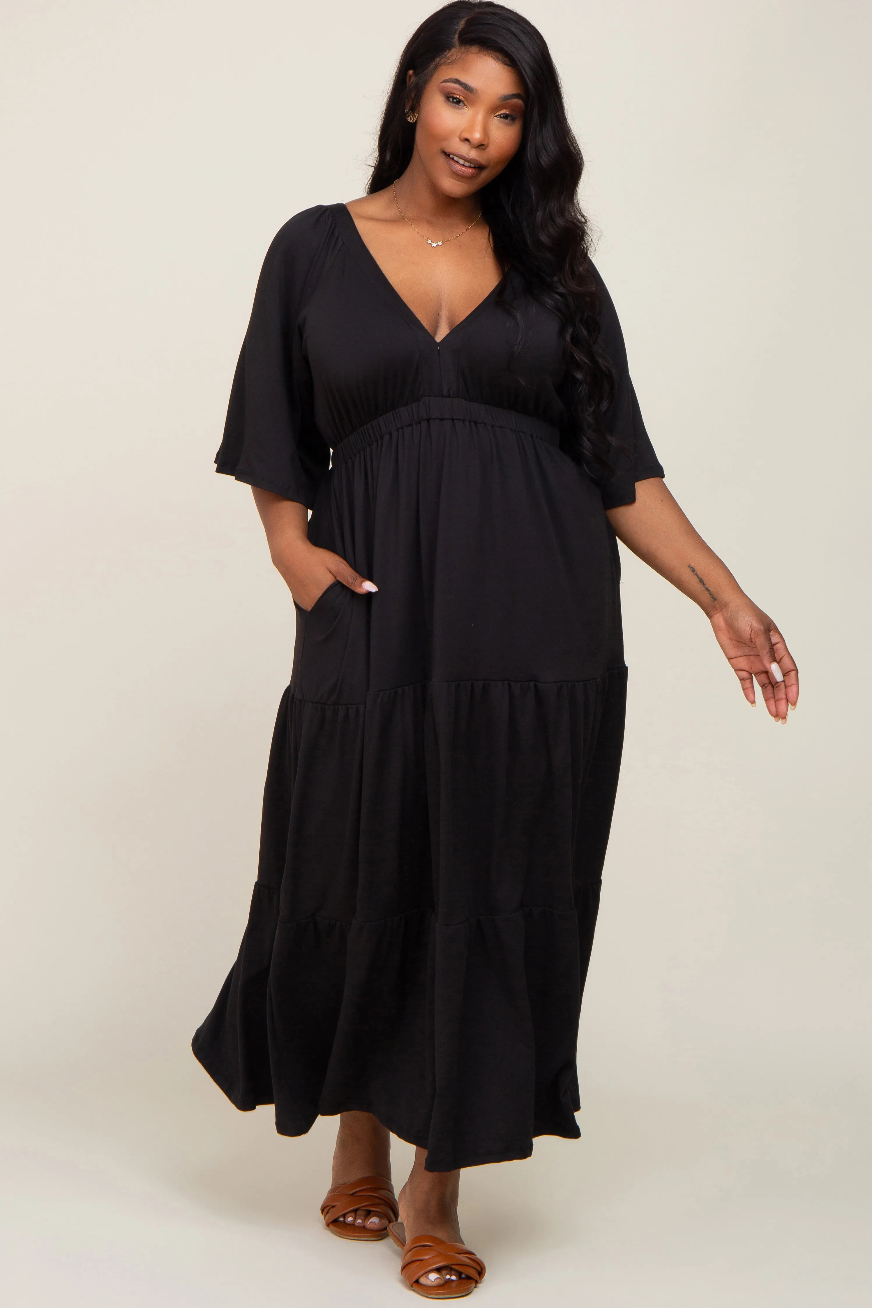 Black Deep V-Neck Tiered Plus Maxi Dress sold by Pinkblush