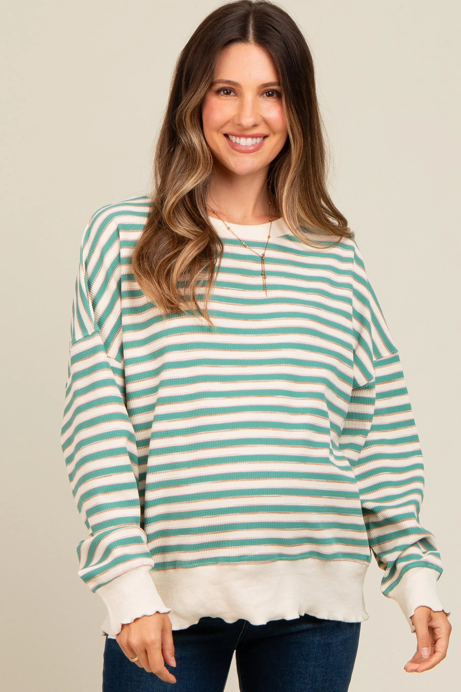 Light Olive Striped Ruffle Hem Maternity Long Sleeve Top sold by Pinkblush