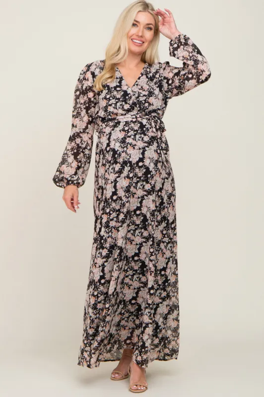 Black Floral Chiffon Maternity Maxi Dress sold by Pinkblush