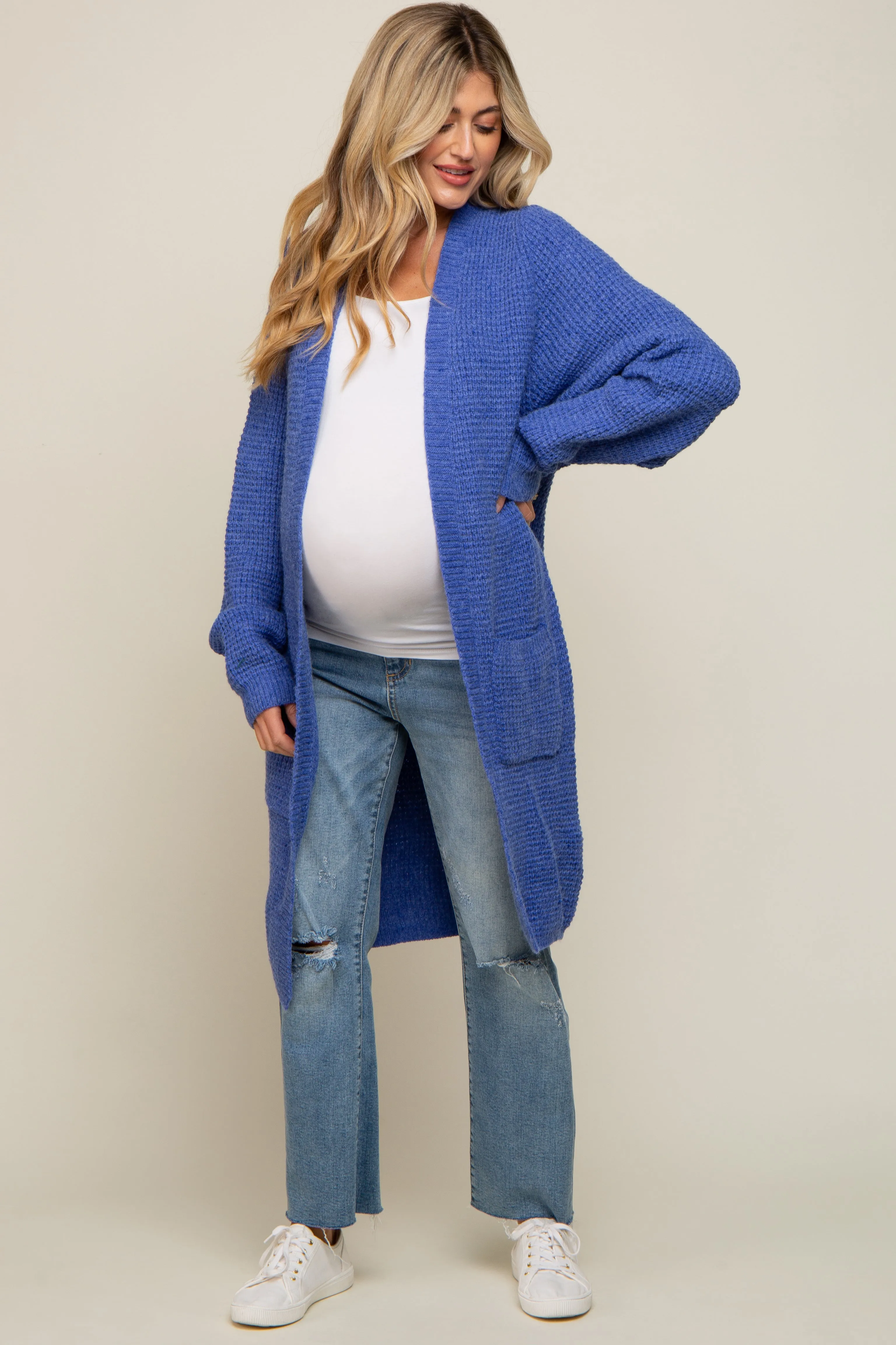Blue Chunky Waffle Knit Maternity Cardigan sold by Pinkblush product image thumbnail 5