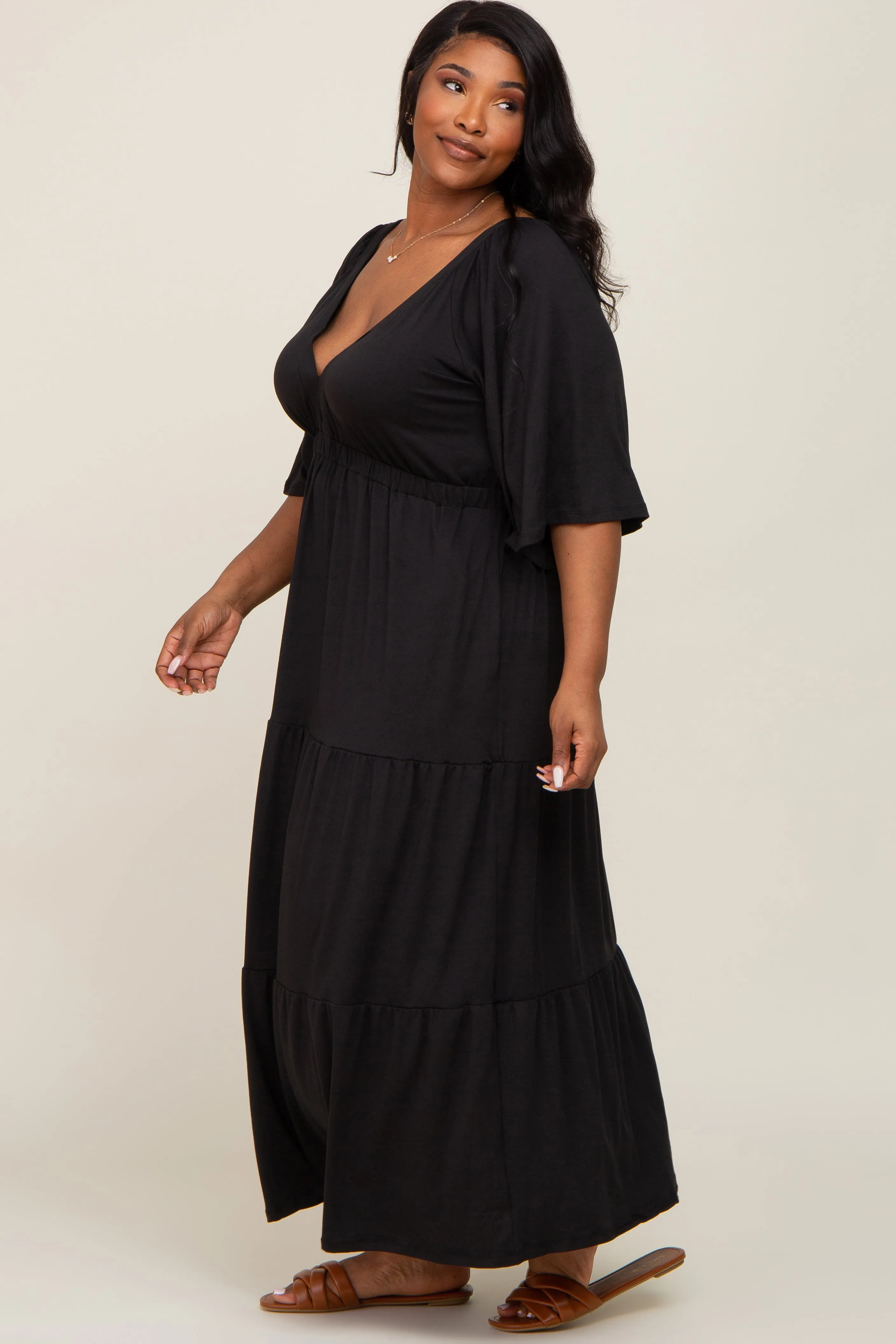 Black Deep V-Neck Tiered Plus Maxi Dress sold by Pinkblush product image thumbnail 2