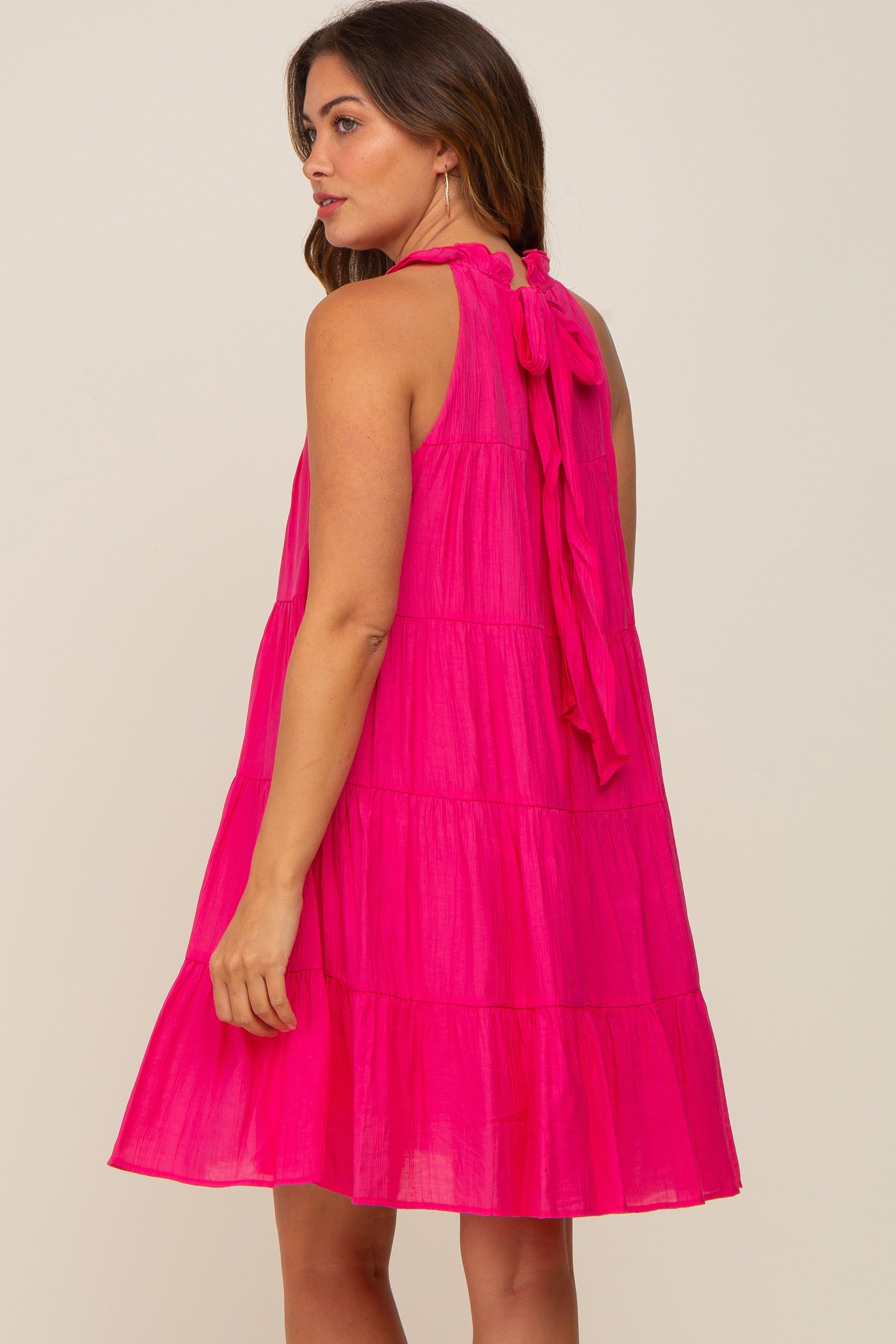 Fuchsia Ruffle Mock Neck Tiered Maternity Dress sold by Pinkblush product image thumbnail 4