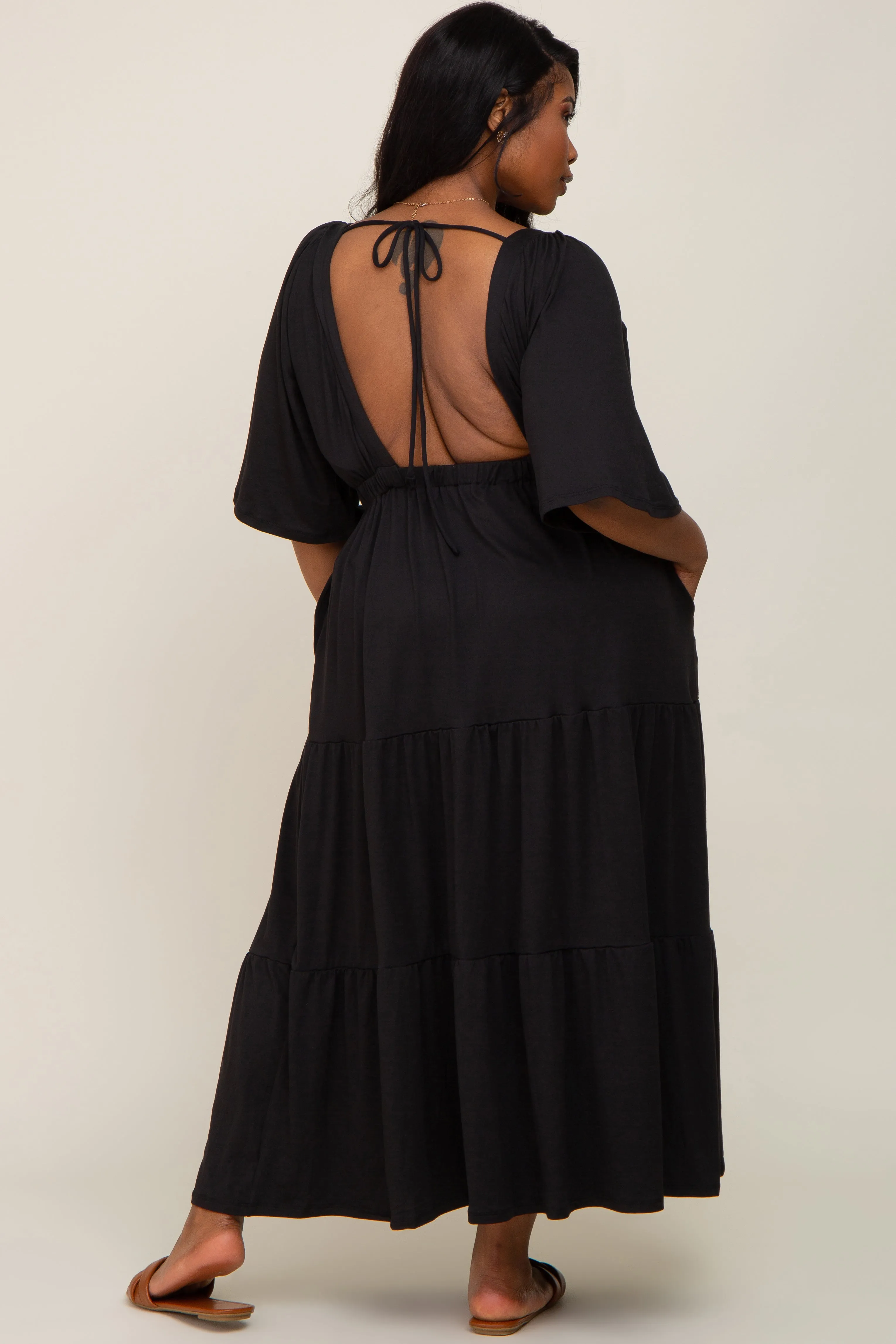 Black Deep V-Neck Tiered Plus Maxi Dress sold by Pinkblush product image thumbnail 3