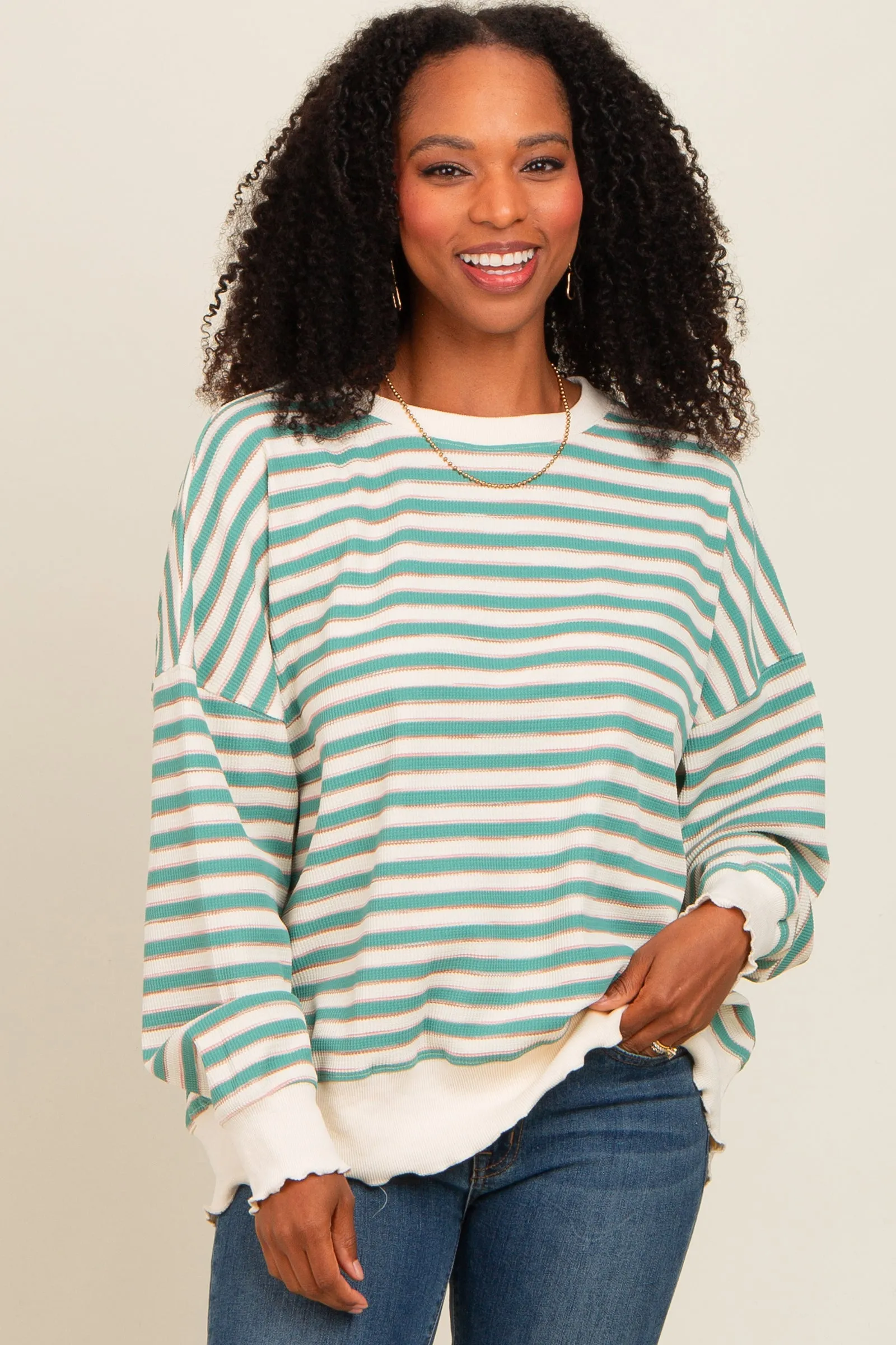 Light Olive Striped Ruffle Hem Maternity Long Sleeve Top sold by Pinkblush product image thumbnail 5