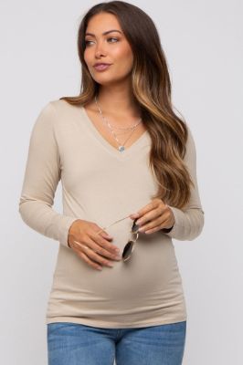 Beige Fitted Long Sleeve Maternity Top sold by Pinkblush