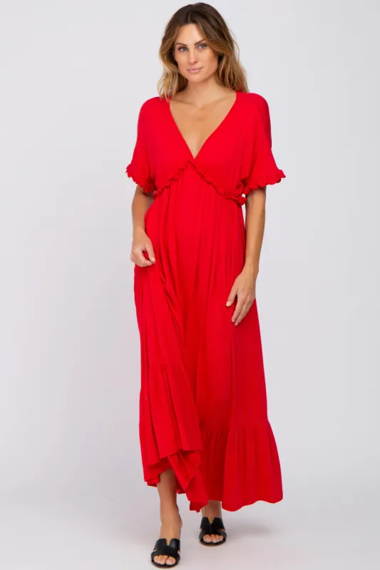 Red Solid Ruffle Maxi Dress sold by Pinkblush