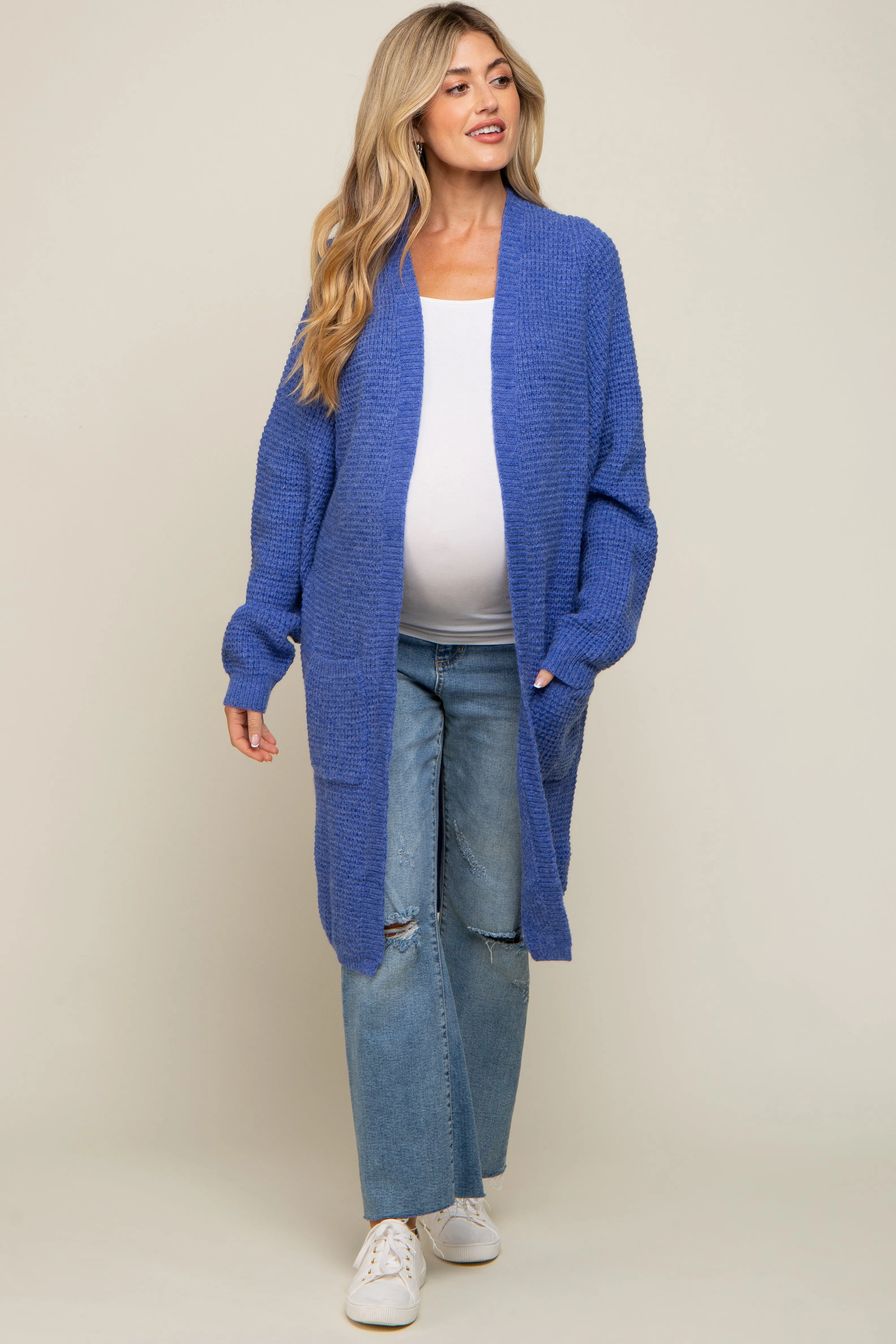 Blue Chunky Waffle Knit Maternity Cardigan sold by Pinkblush product image thumbnail 4