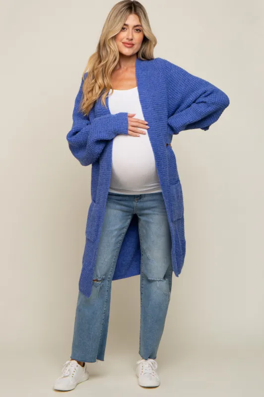Blue Chunky Waffle Knit Maternity Cardigan sold by Pinkblush