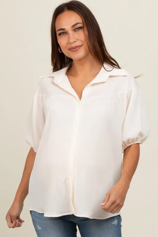 Cream Collared Button Down Maternity Blouse sold by Pinkblush