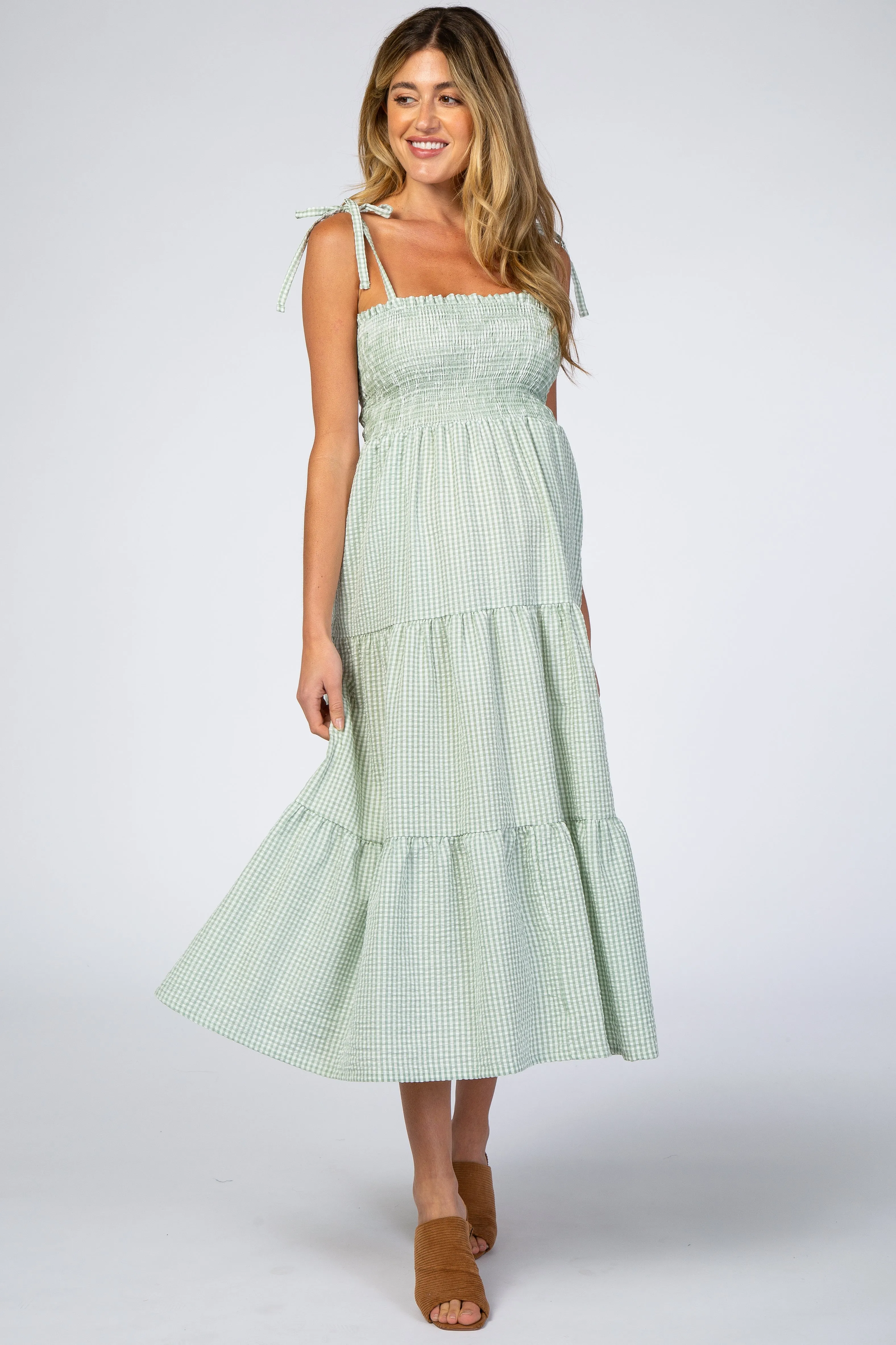 Mint Checkered Tiered Maternity Midi Dress sold by Pinkblush