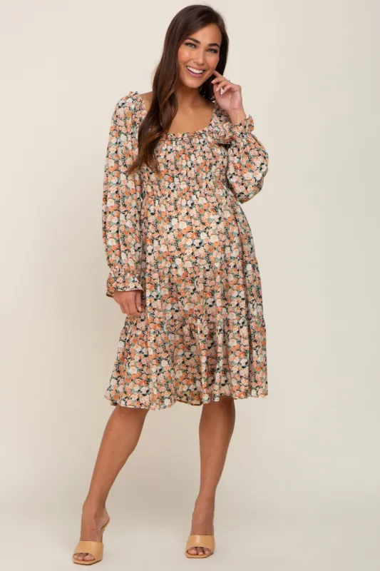 Peach Floral Smocked Square Neck Tiered Maternity Dress sold by Pinkblush