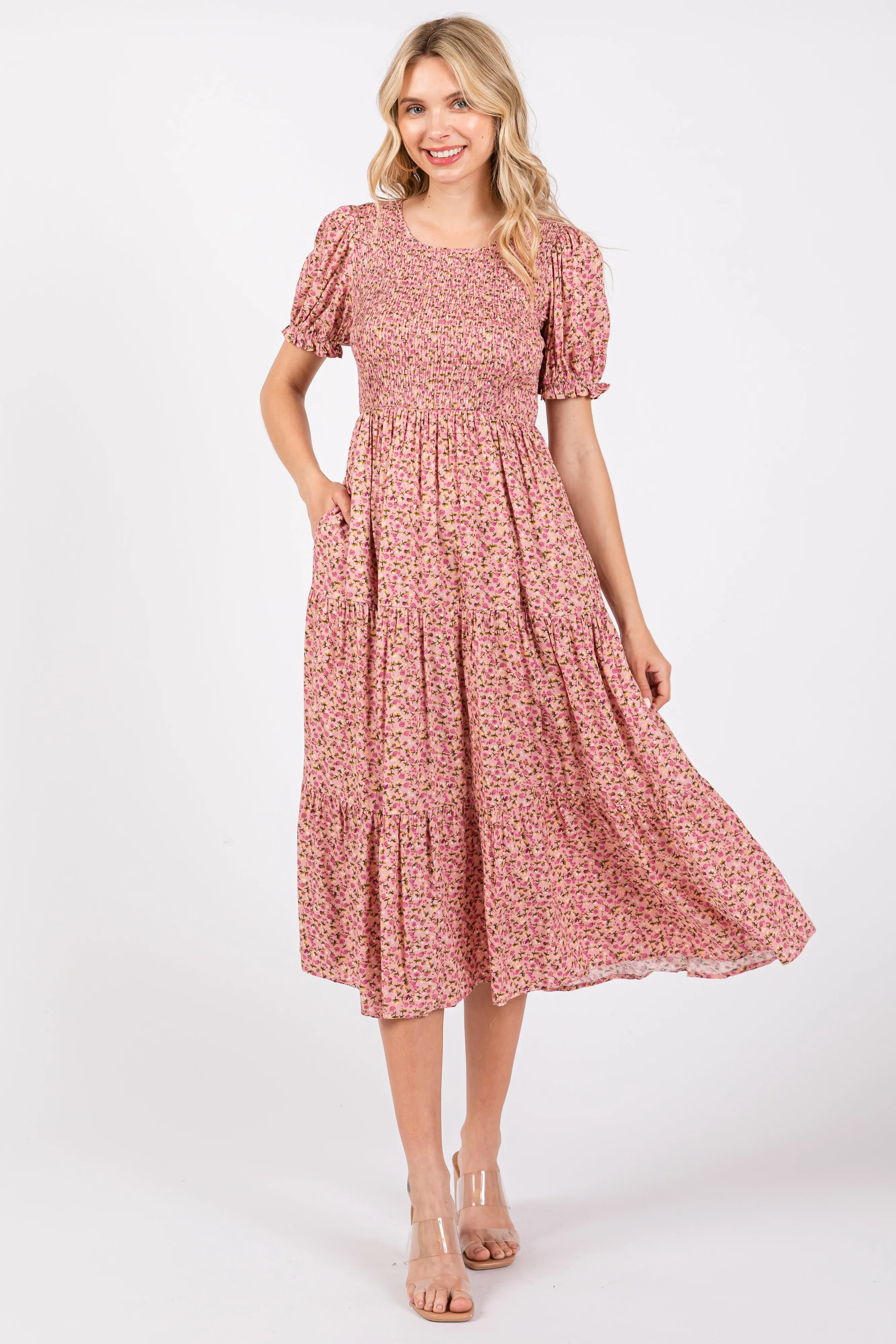 Pink Floral Smocked Midi Dress sold by Pinkblush