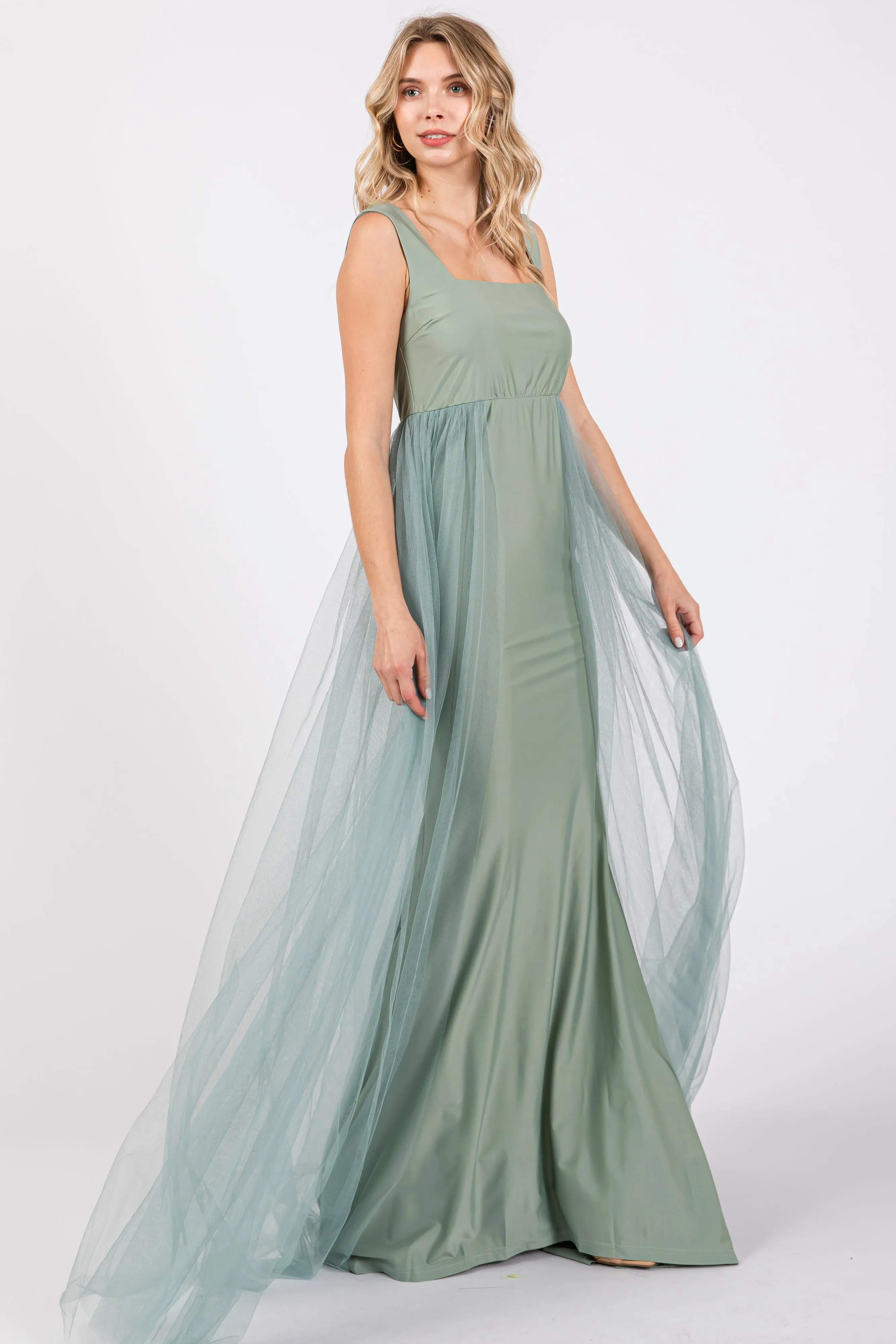 Light Olive Square Neck Tulle Maxi Dress sold by Pinkblush product image thumbnail 2