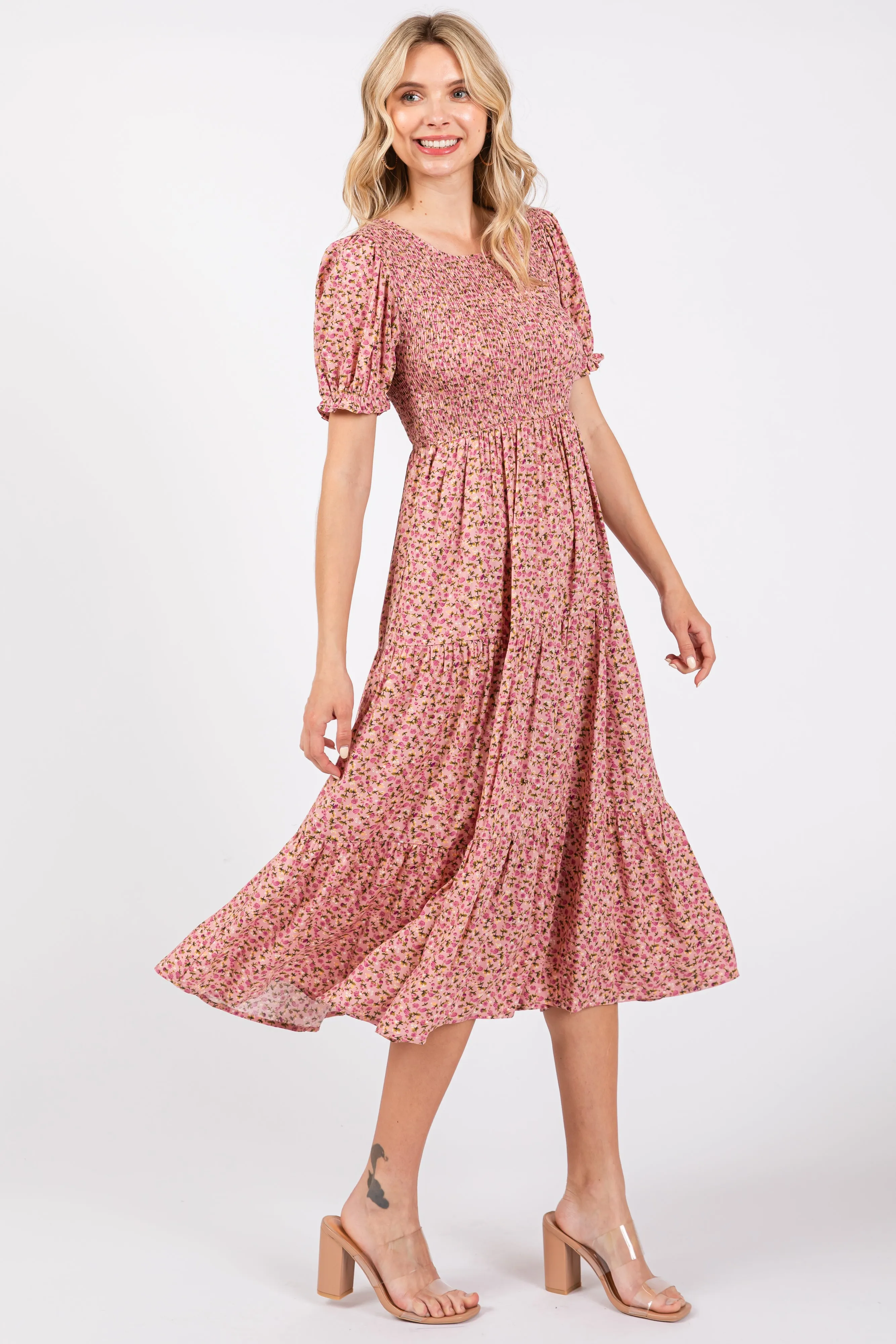 Pink Floral Smocked Midi Dress sold by Pinkblush product image thumbnail 2