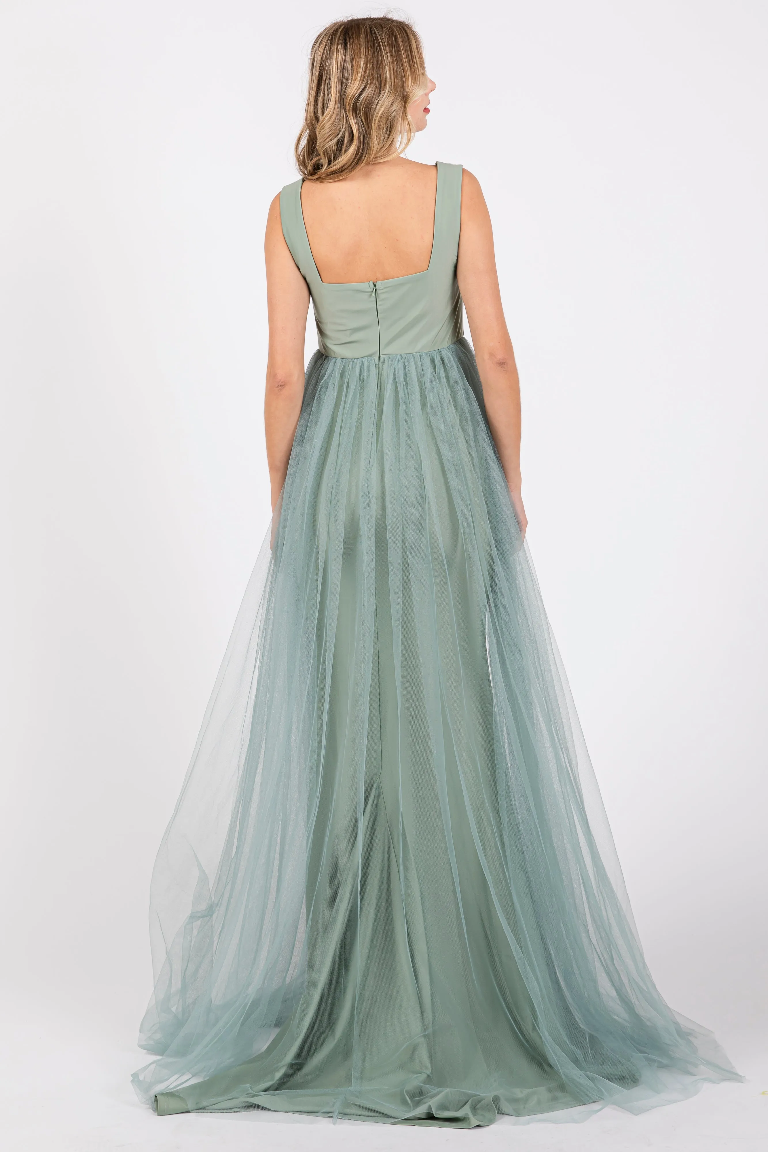 Light Olive Square Neck Tulle Maxi Dress sold by Pinkblush product image thumbnail 3