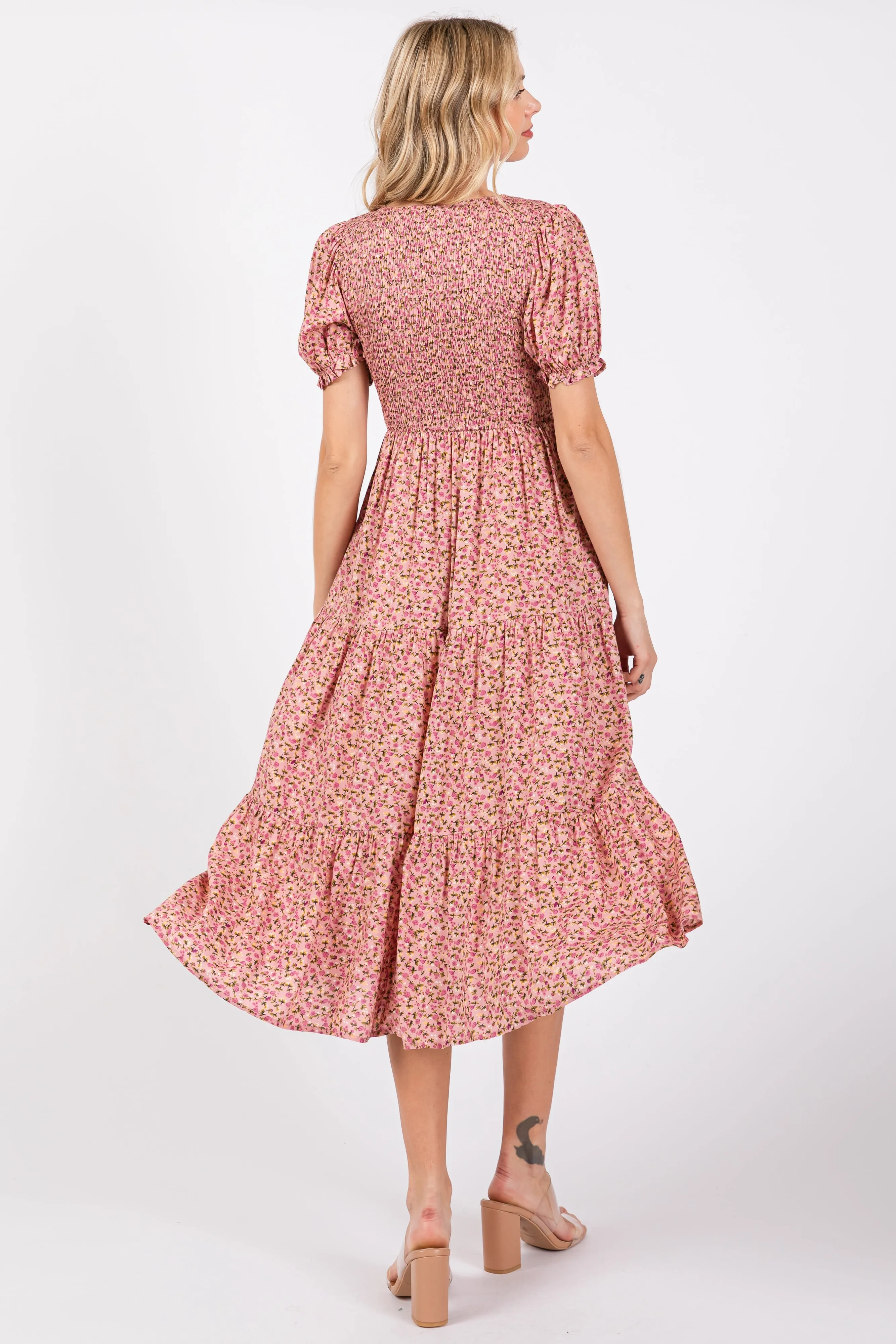 Pink Floral Smocked Midi Dress sold by Pinkblush product image thumbnail 3