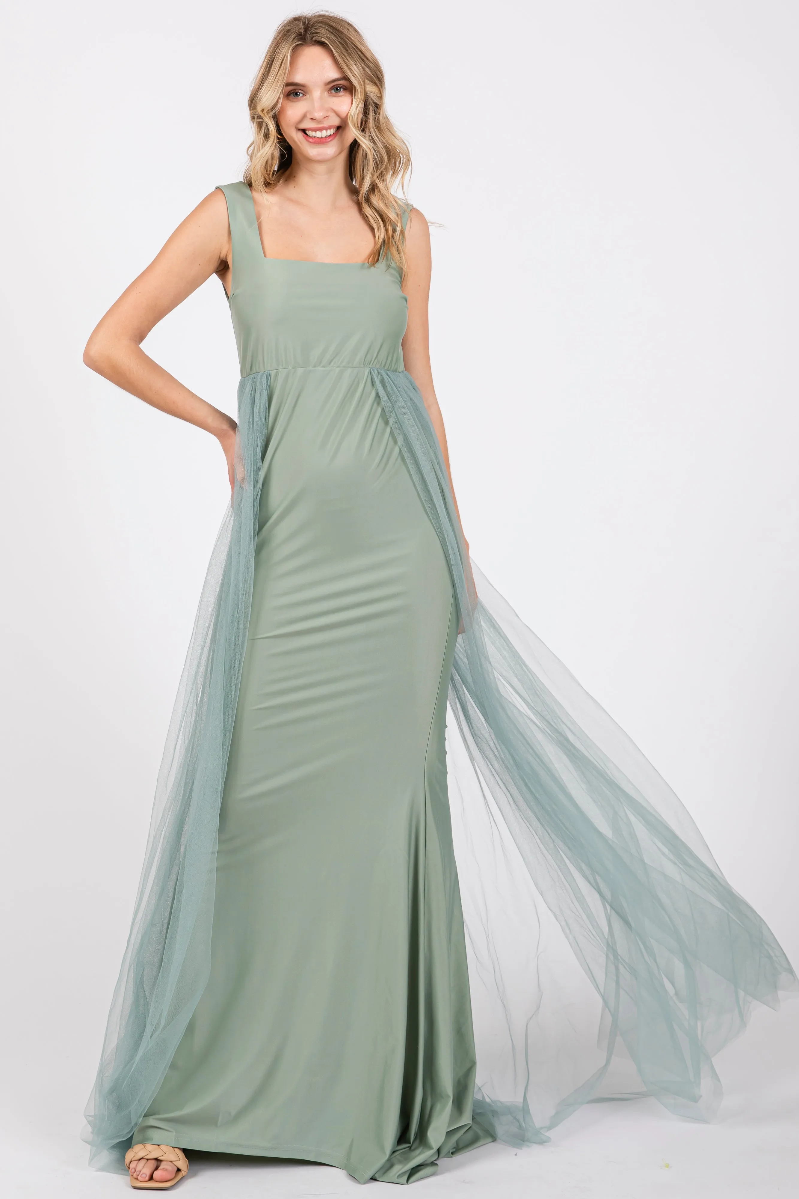 Light Olive Square Neck Tulle Maxi Dress sold by Pinkblush product image thumbnail 4