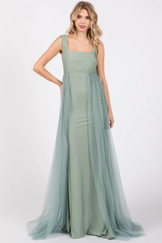 Light Olive Square Neck Tulle Maxi Dress sold by Pinkblush