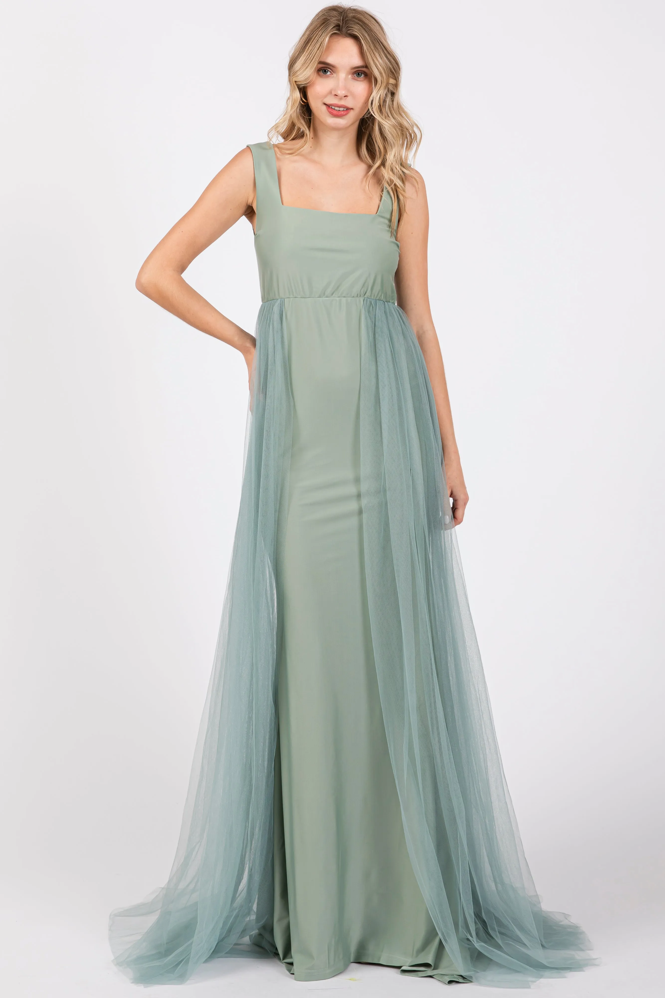 Light Olive Square Neck Tulle Maxi Dress sold by Pinkblush