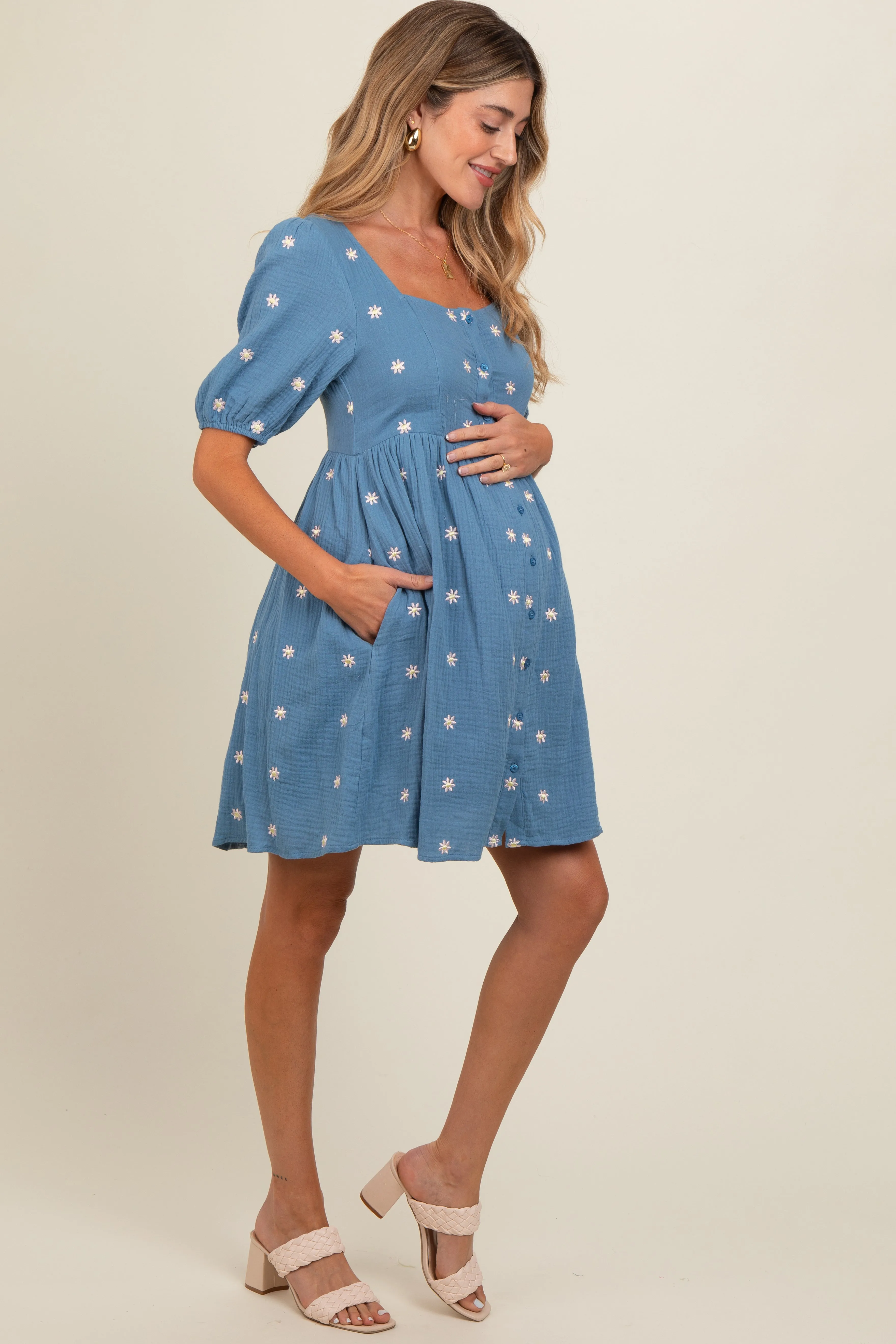 Blue Floral Embroidered Button Front Short Sleeve Maternity Dress sold by Pinkblush product image thumbnail 3