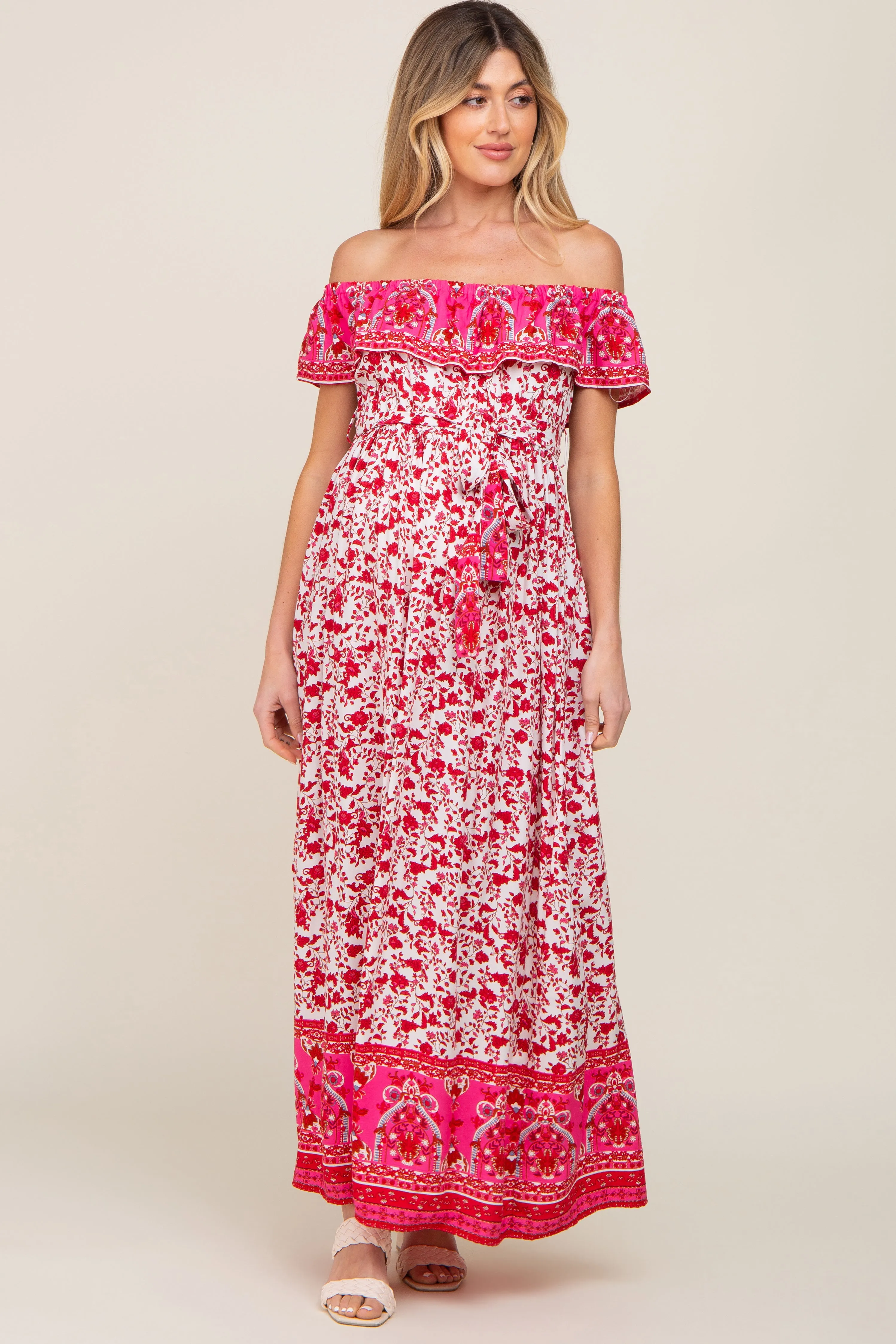 Red Floral Paisley Ruffle Off Shoulder Maternity Maxi Dress sold by Pinkblush product image thumbnail 5
