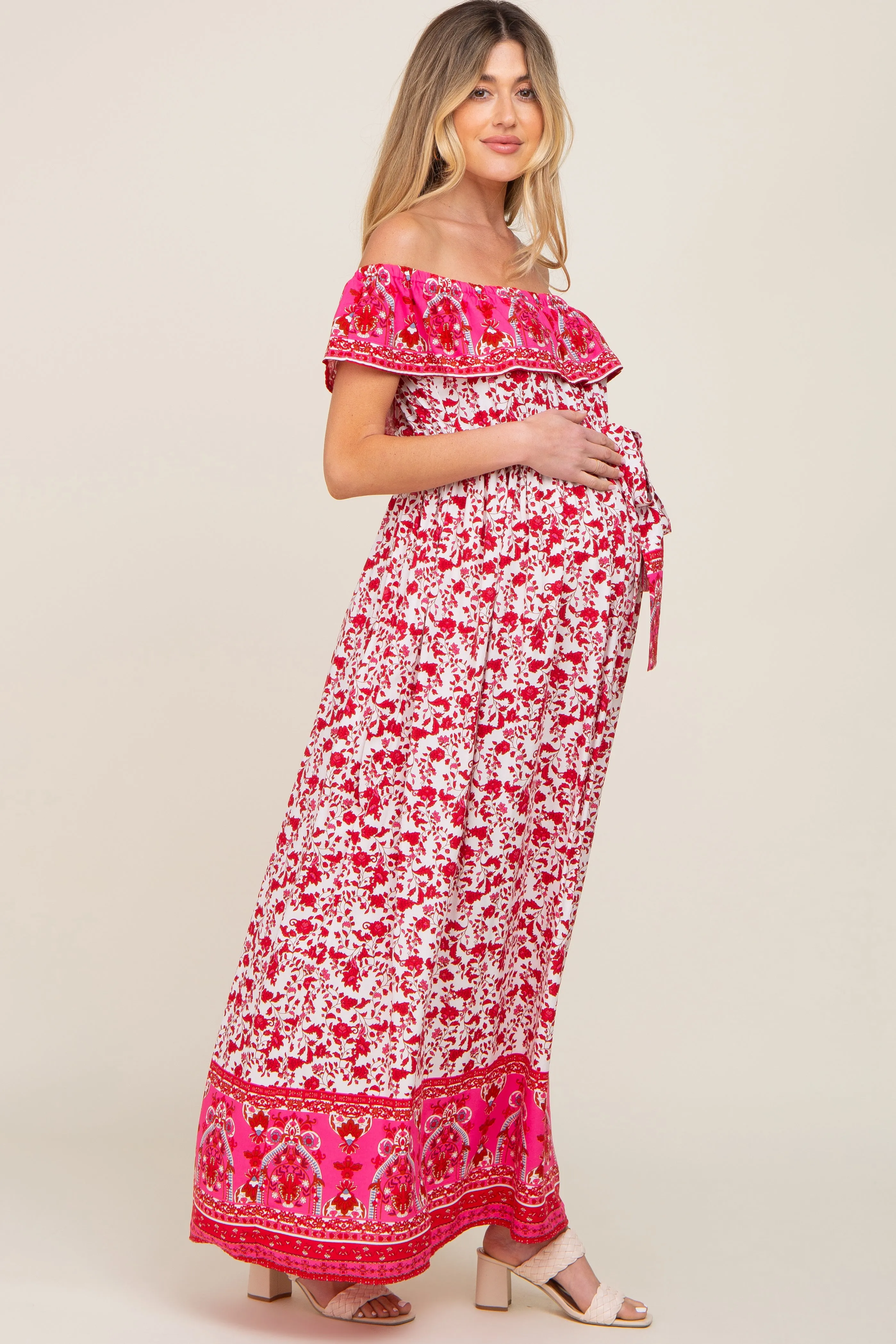 Red Floral Paisley Ruffle Off Shoulder Maternity Maxi Dress sold by Pinkblush product image thumbnail 2