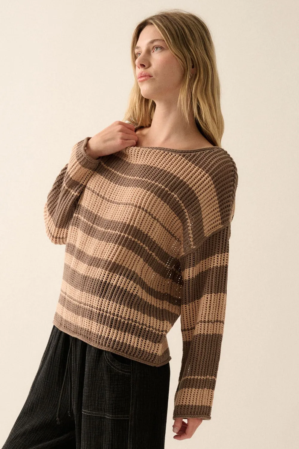 Chocolate Taupe Oversized Stripe Colorblock Crochet Knit Sweater sold by Pinkblush product image thumbnail 4