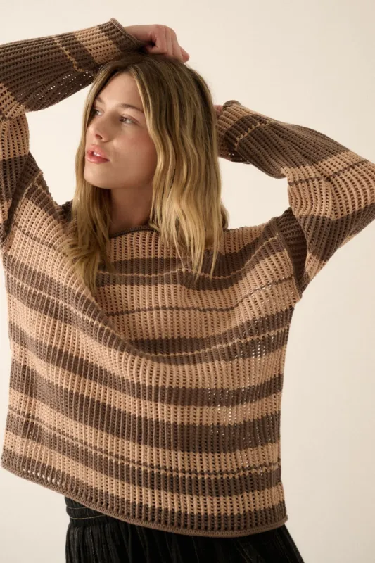 Chocolate Taupe Oversized Stripe Colorblock Crochet Knit Sweater sold by Pinkblush