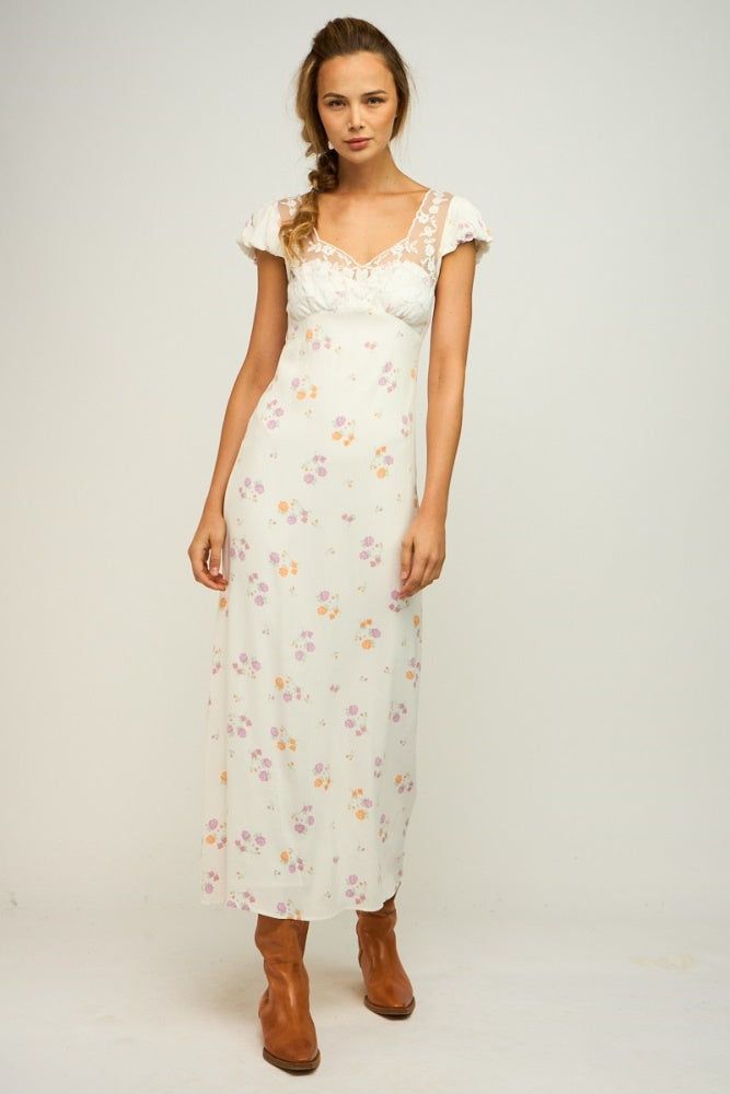 Ivory Floral Open Back Double Ties Lace Trim Maxi Dress sold by Pinkblush