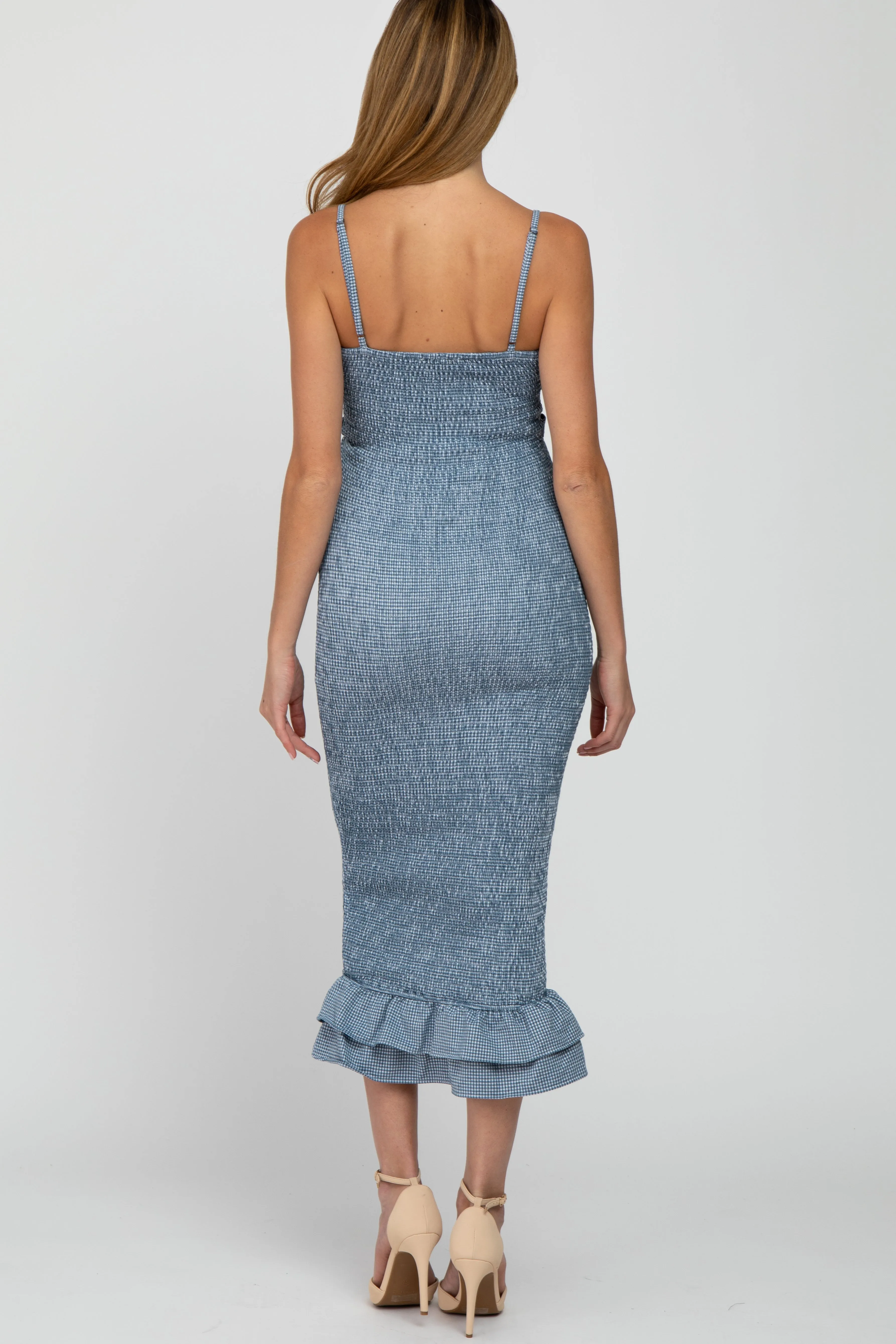 Blue Gingham Print Smocked Fitted Self-Tie Maternity Midi Dress sold by Pinkblush product image thumbnail 3