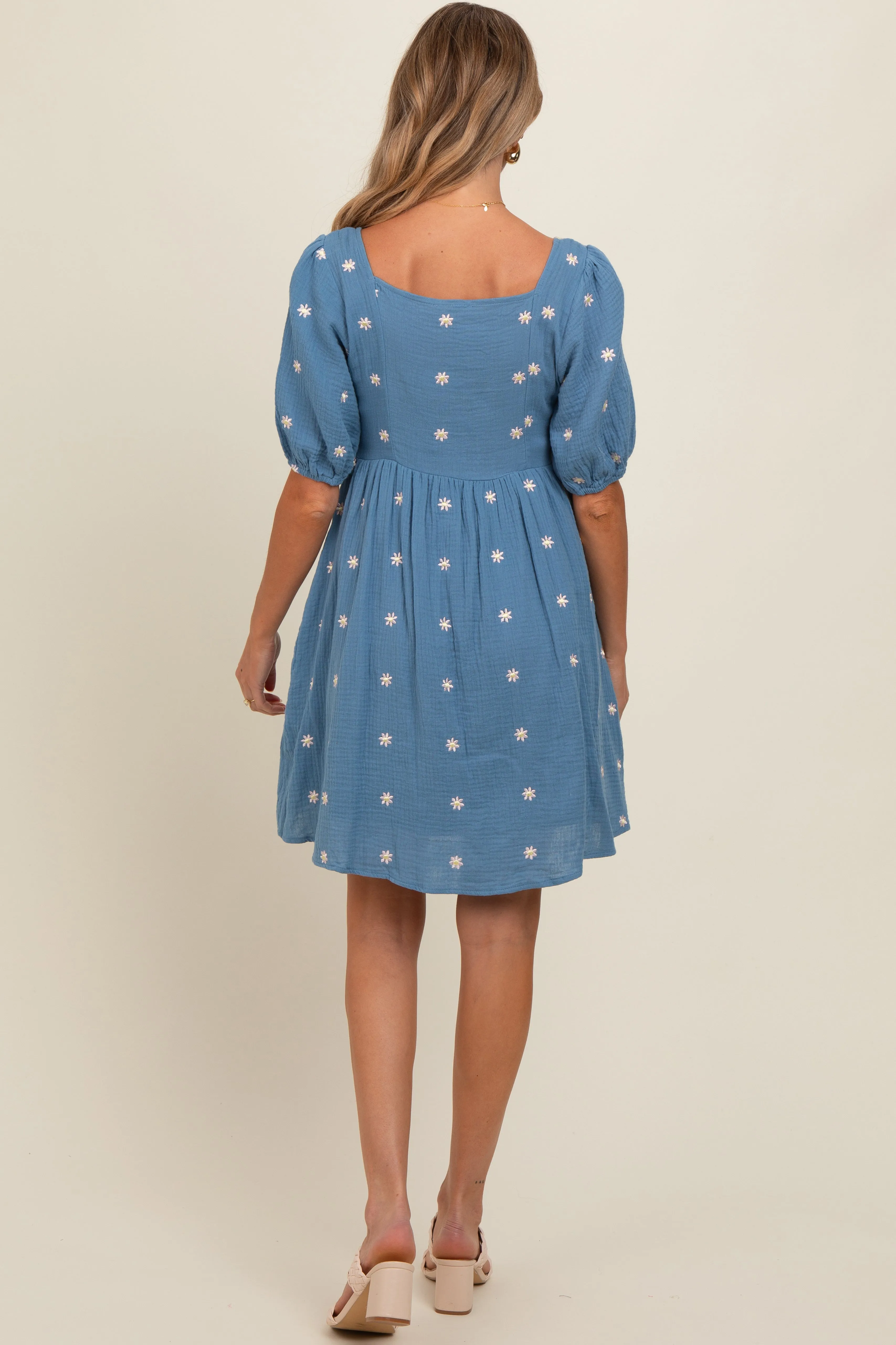 Blue Floral Embroidered Button Front Short Sleeve Maternity Dress sold by Pinkblush product image thumbnail 4