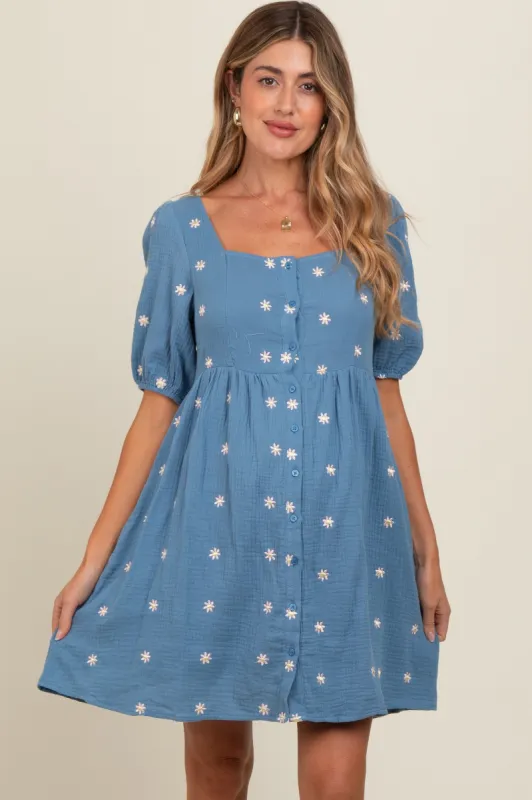 Blue Floral Embroidered Button Front Short Sleeve Maternity Dress sold by Pinkblush