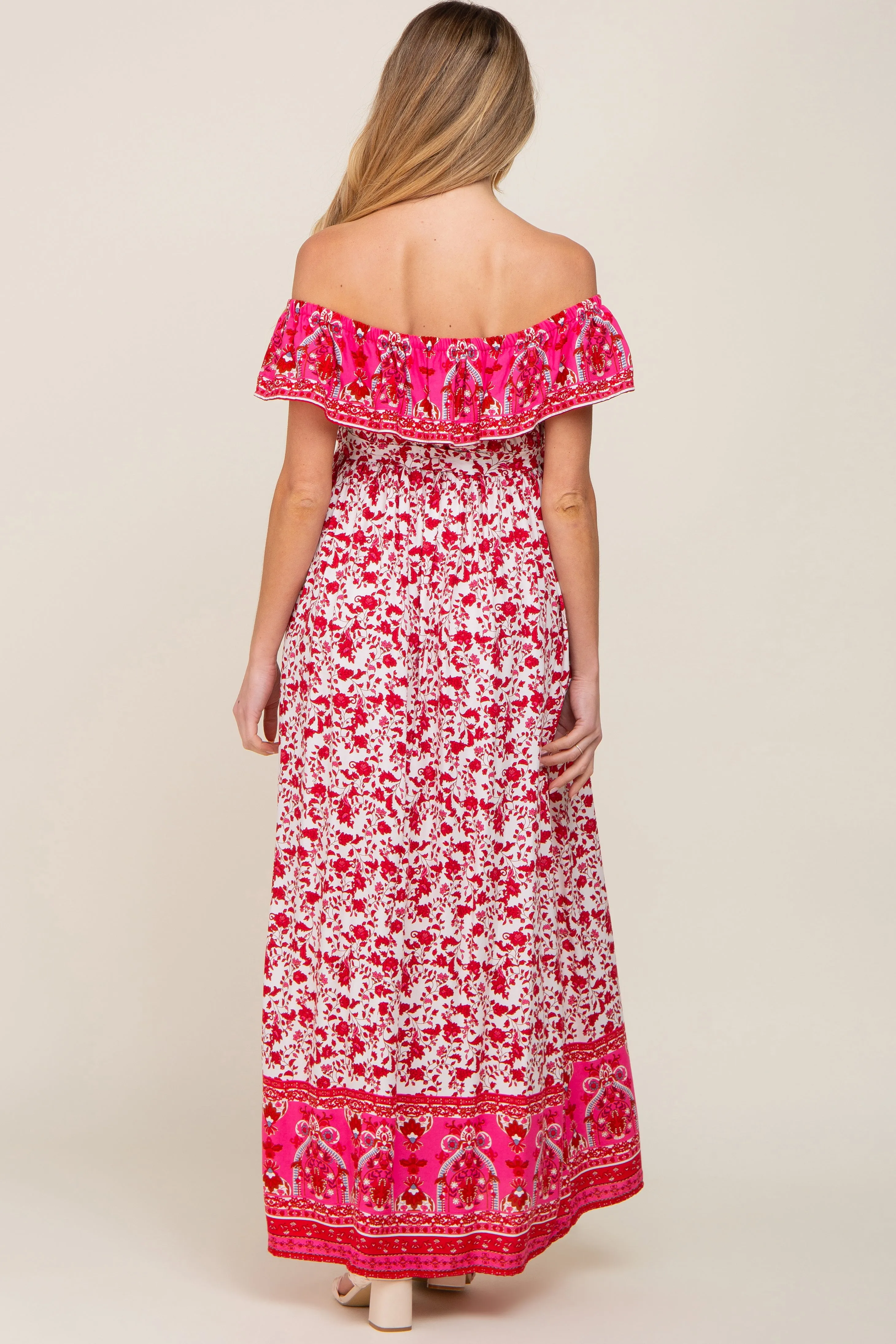 Red Floral Paisley Ruffle Off Shoulder Maternity Maxi Dress sold by Pinkblush product image thumbnail 3