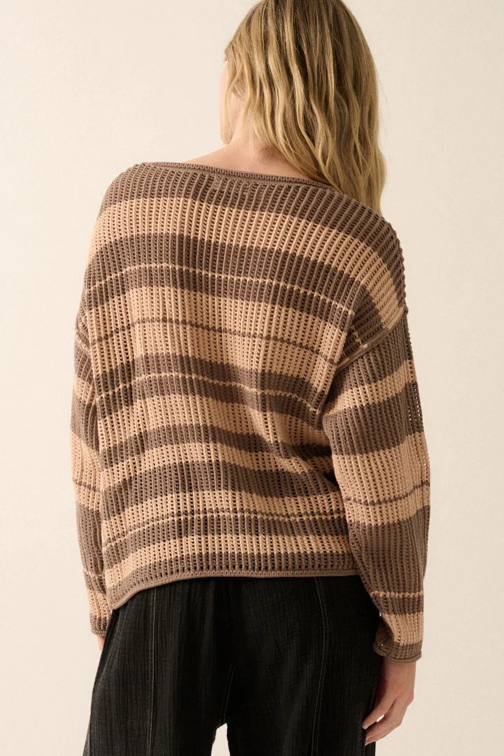 Chocolate Taupe Oversized Stripe Colorblock Crochet Knit Sweater sold by Pinkblush product image thumbnail 5