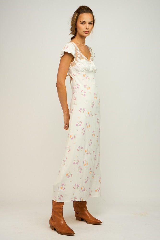 Ivory Floral Open Back Double Ties Lace Trim Maxi Dress sold by Pinkblush product image thumbnail 2