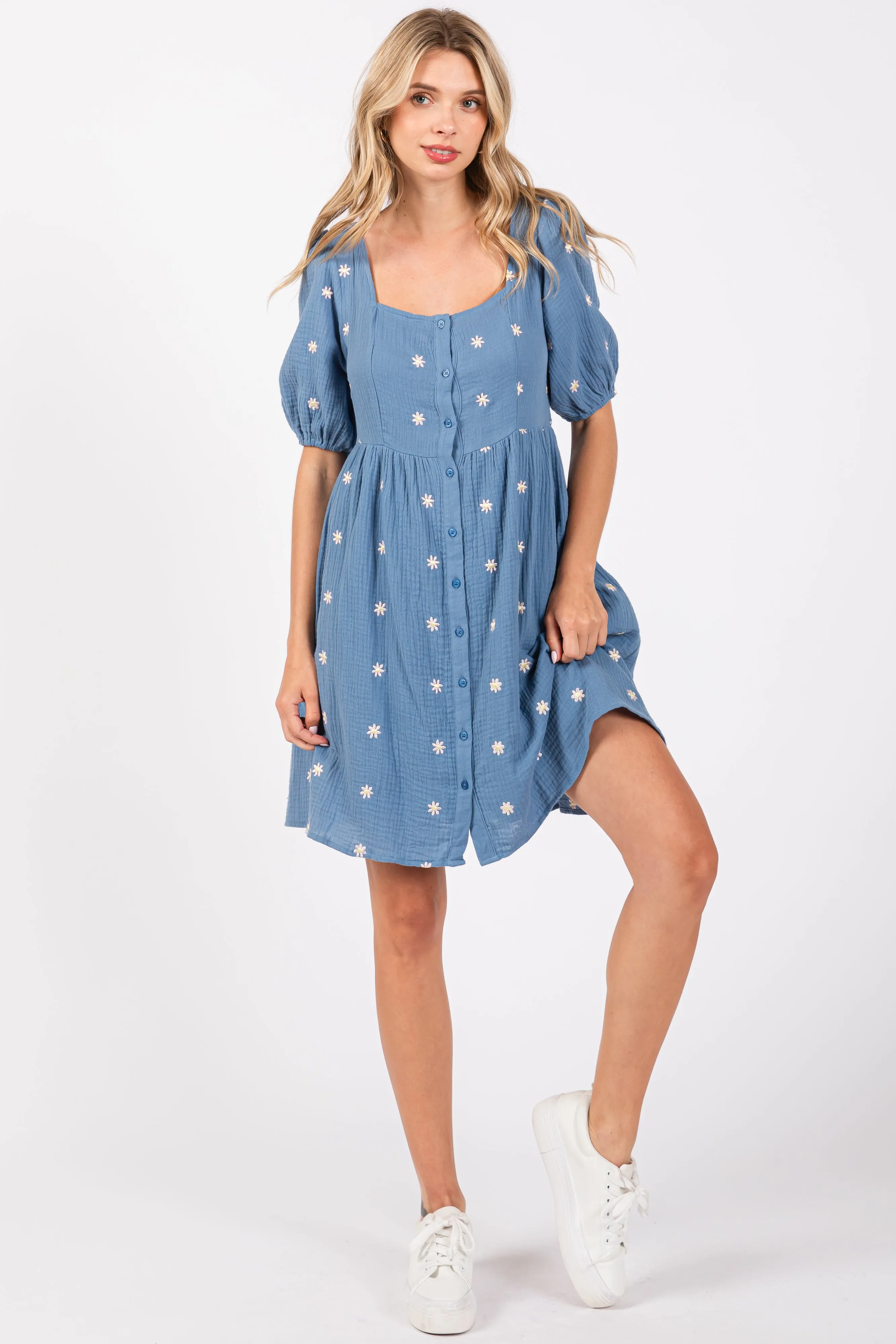 Blue Floral Embroidered Button Front Short Sleeve Maternity Dress sold by Pinkblush product image thumbnail 5
