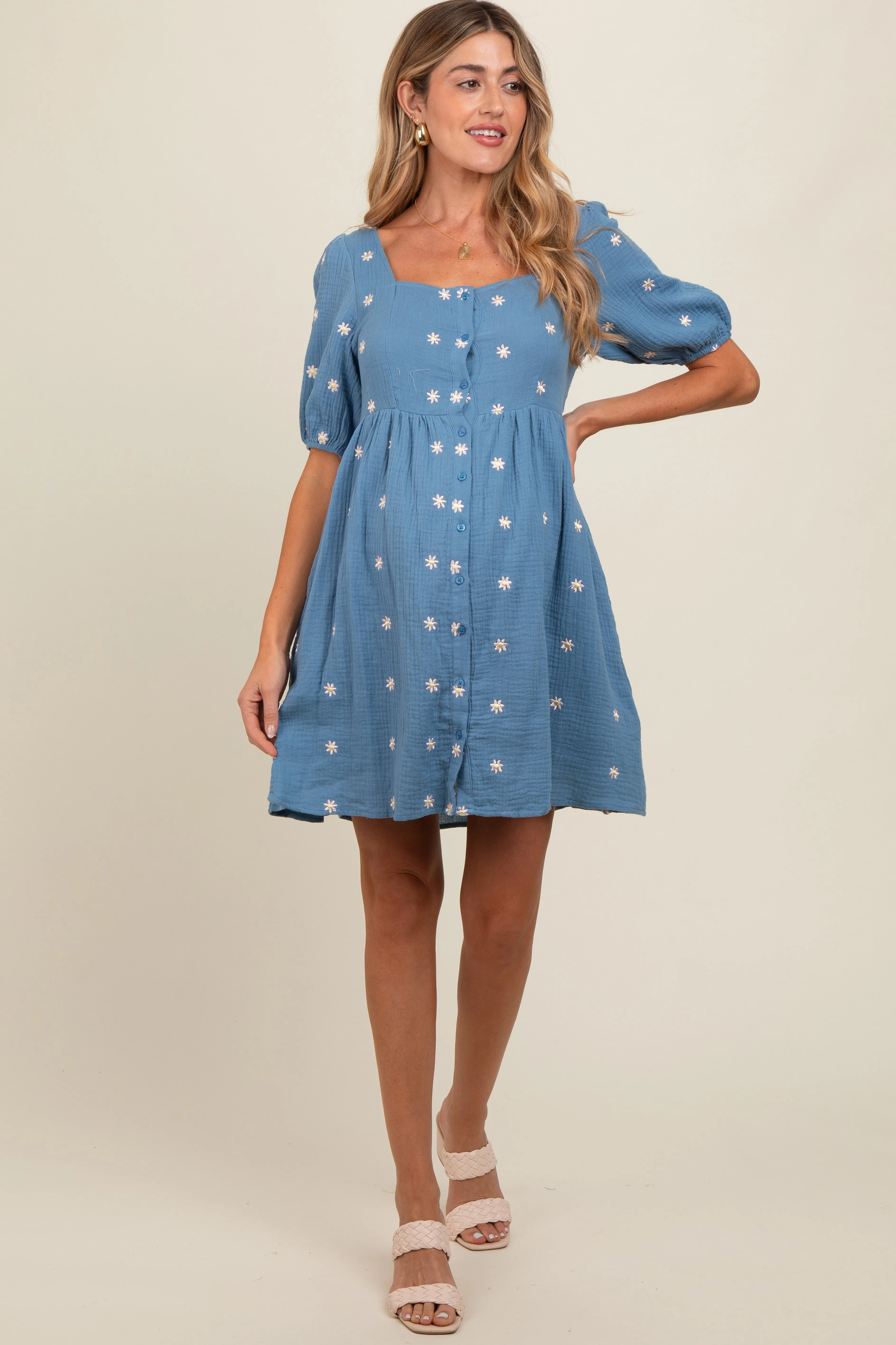 Blue Floral Embroidered Button Front Short Sleeve Maternity Dress sold by Pinkblush product image thumbnail 2