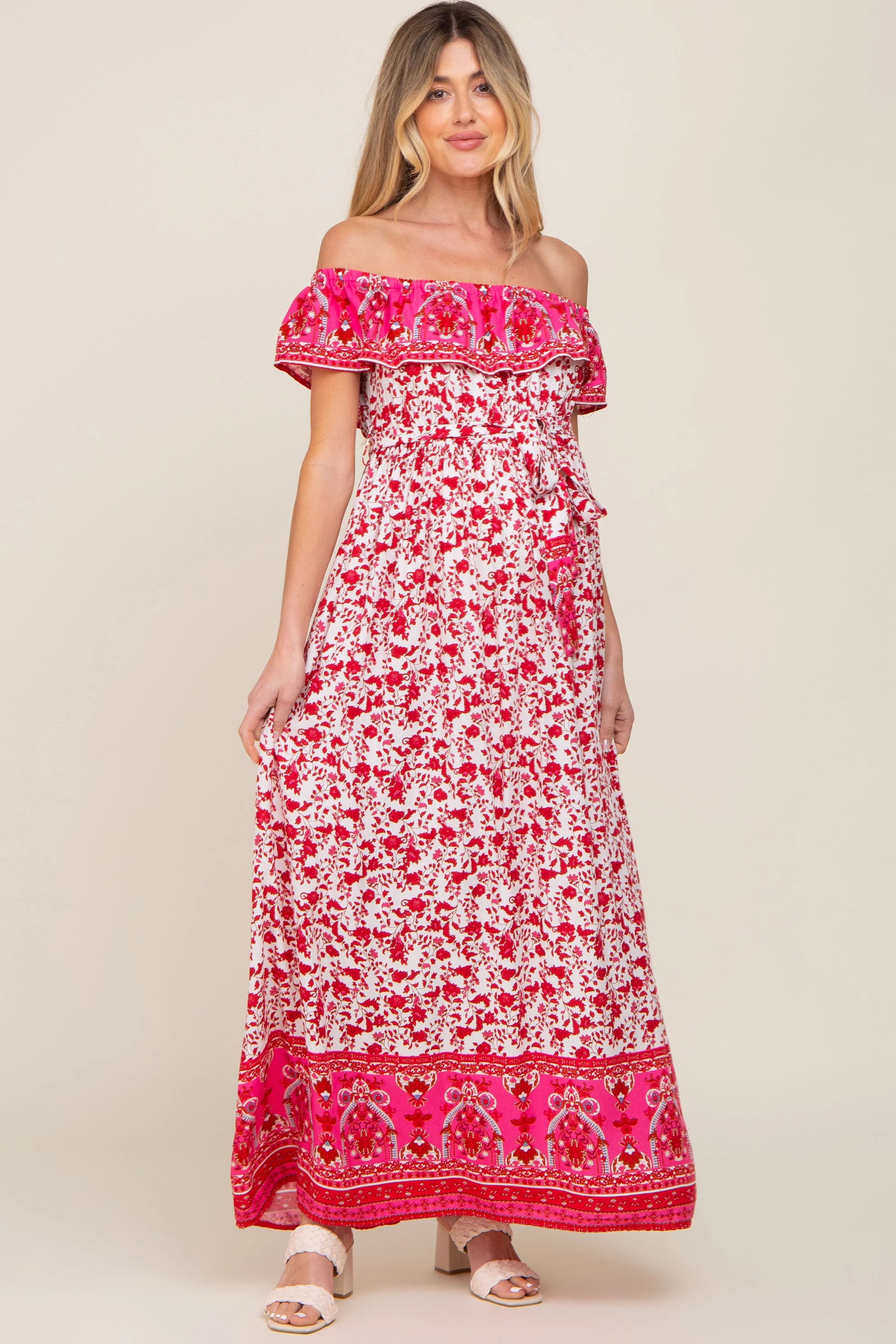 Red Floral Paisley Ruffle Off Shoulder Maternity Maxi Dress sold by Pinkblush product image thumbnail 4