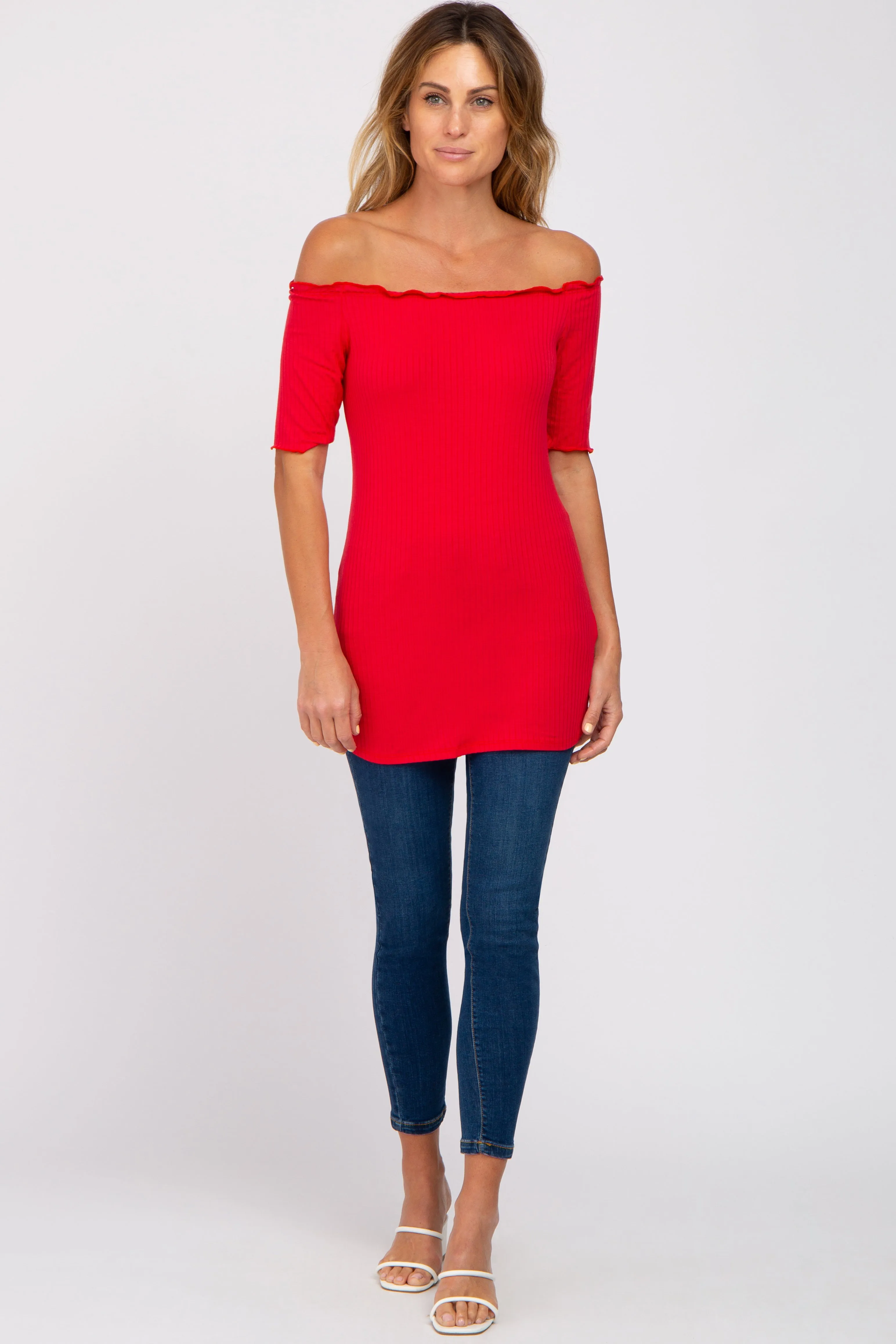 Red Off Shoulder Lettuce Hem Top sold by Pinkblush product image thumbnail 4