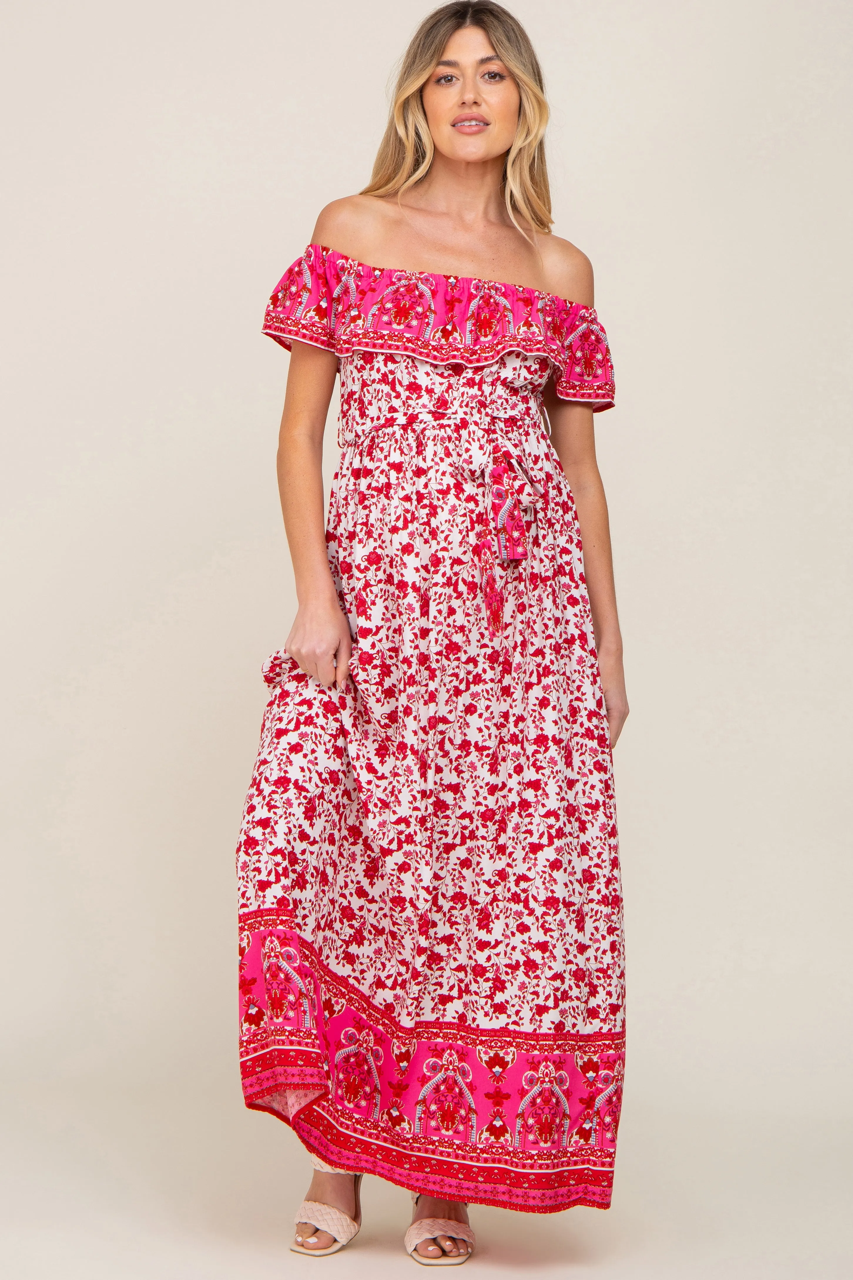 Red Floral Paisley Ruffle Off Shoulder Maternity Maxi Dress sold by Pinkblush